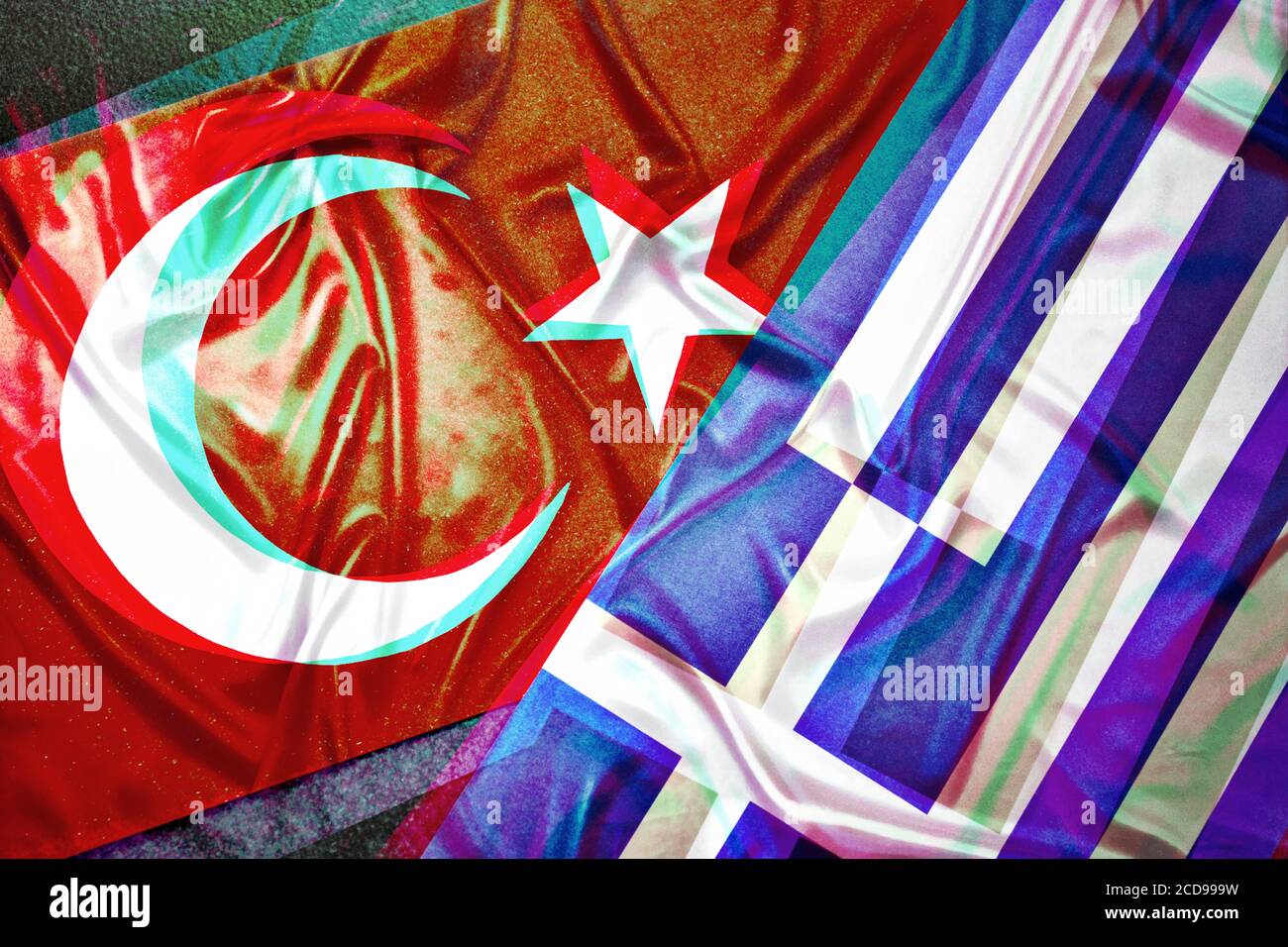 Le bandiere della Turchia e della Grecia, il conflitto del Mar Egeo Foto Stock