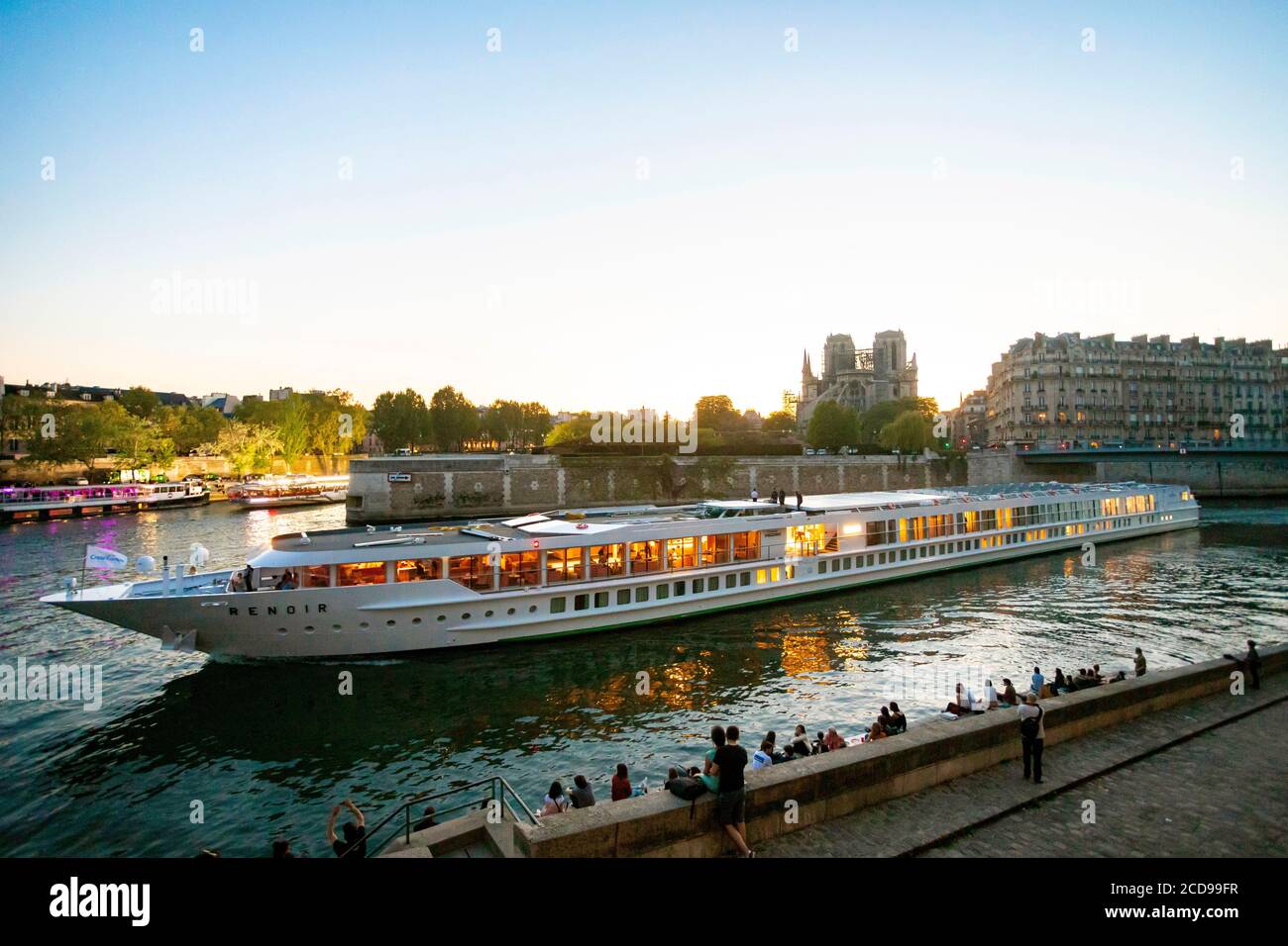 Francia, Parigi, zona dichiarata patrimonio mondiale dall'UNESCO, una nave da crociera sul fiume passa per Notre Dame Foto Stock