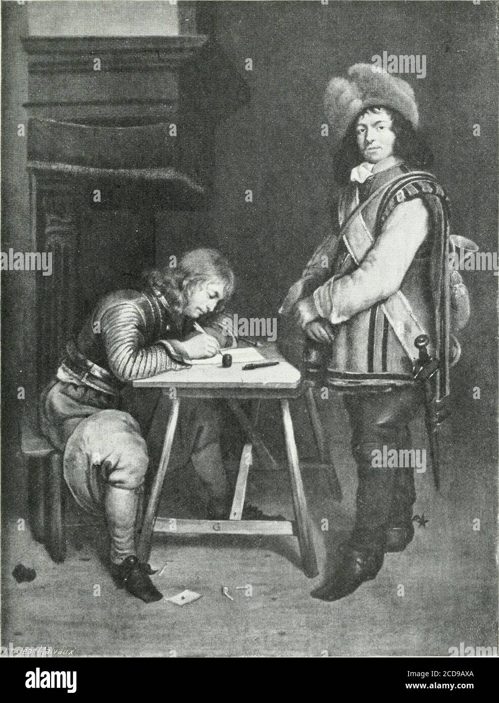 . Gérard Terborch . œuvres froides, fichées en un réalisme rétréci et faux. Jan Steen,pas Plus que Van Ostade, ne songeait à lélever;le fougueux talent de ces peintres nambitionnaitdu reste pas autre choose que de fixer les mœursrustiques du Pays, et leurs peintures, pleines demouvement et de sève, séloignaient par là mêmedu genere qui nous occupe, je veux dive celui quine comprenait que la représentation de la sociétépolie et rangée. L'appartenait à Terborch dappor une sensi-bilité nouvelle dans une école qui semblait destinéeà se mourir dune décrépitude prématurée. Sansdoute, de bonnes fées Foto Stock