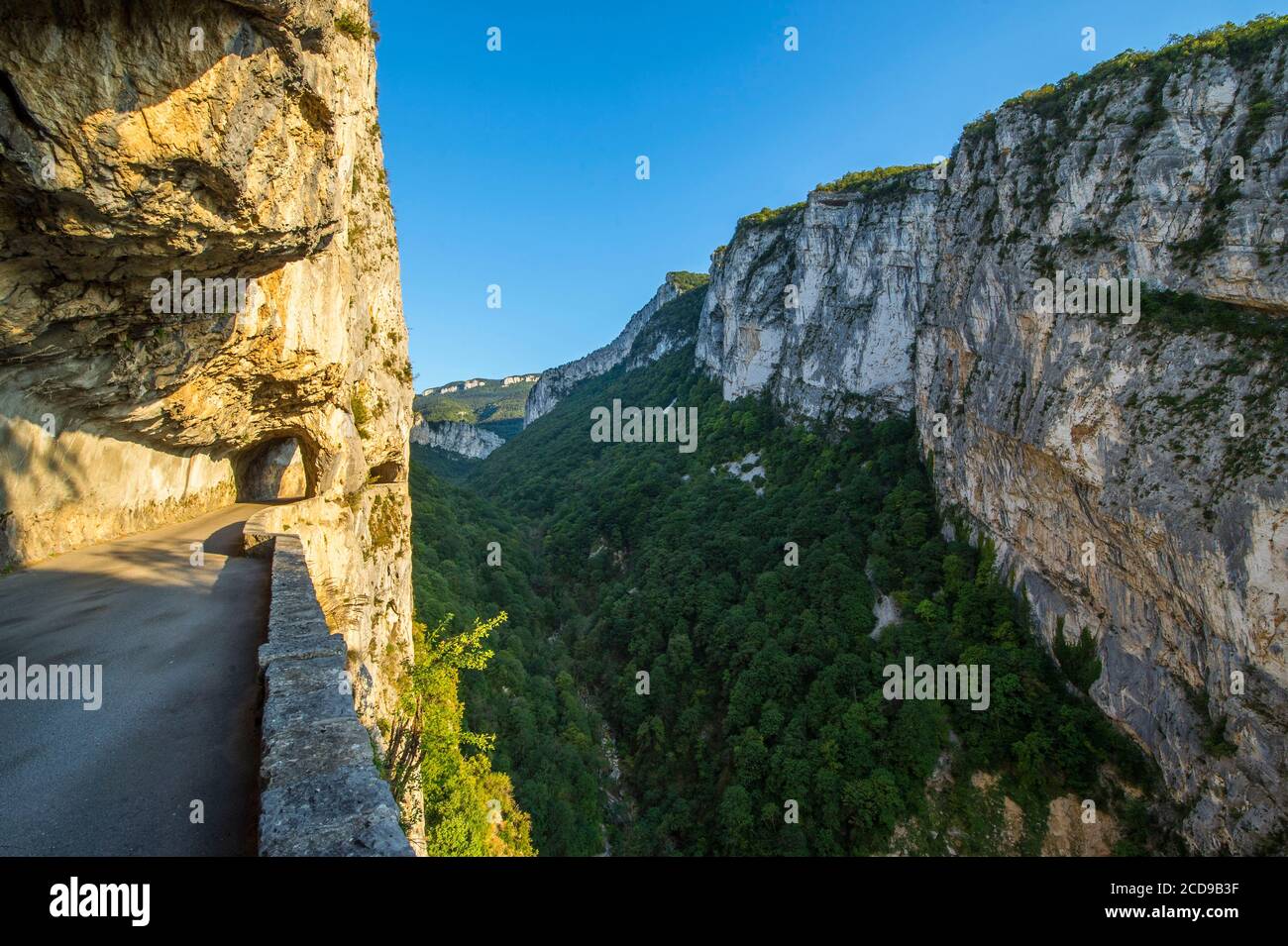 Francia, Isere, Massiccio del Vercors, Parco Naturale Regionale, la strada mozzafiato delle gole del Nan al tramonto Foto Stock