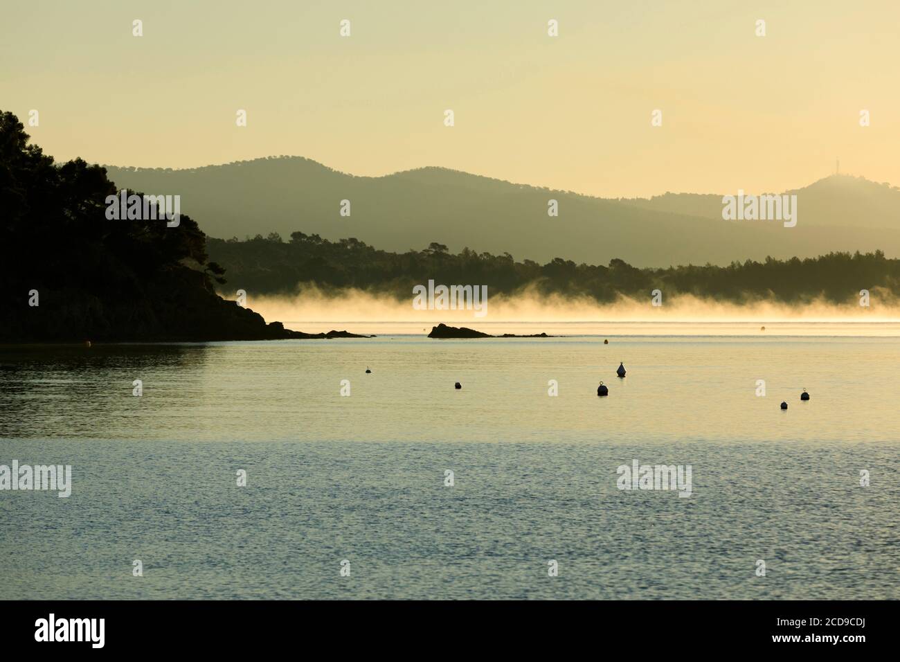 Francia, Var, la Londe Les Maures, Argentiere Point e Pellegrin spiaggia sullo sfondo Foto Stock