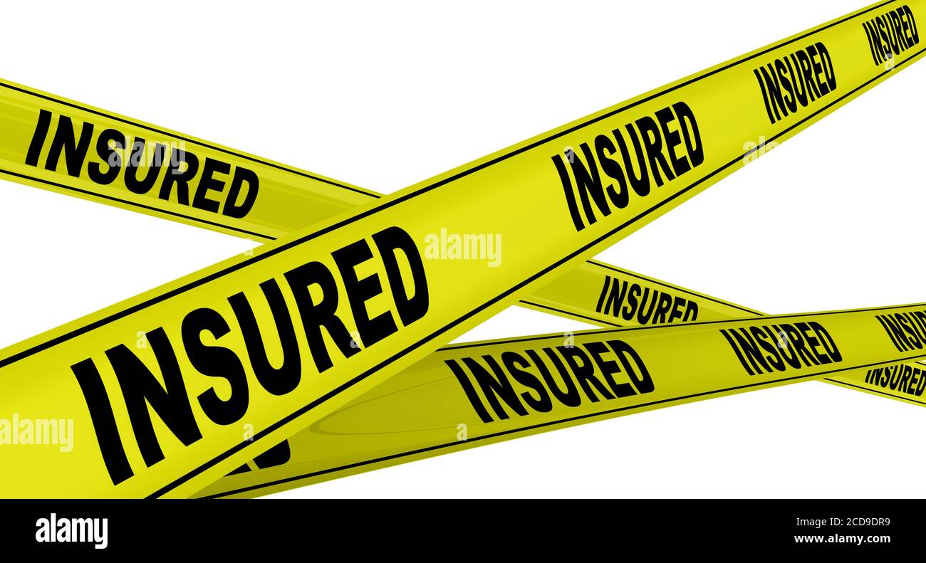 Assicurato. Nastri di avvertimento gialli con testo nero ASSICURATO. Isolato. Illustrazione 3D Foto Stock