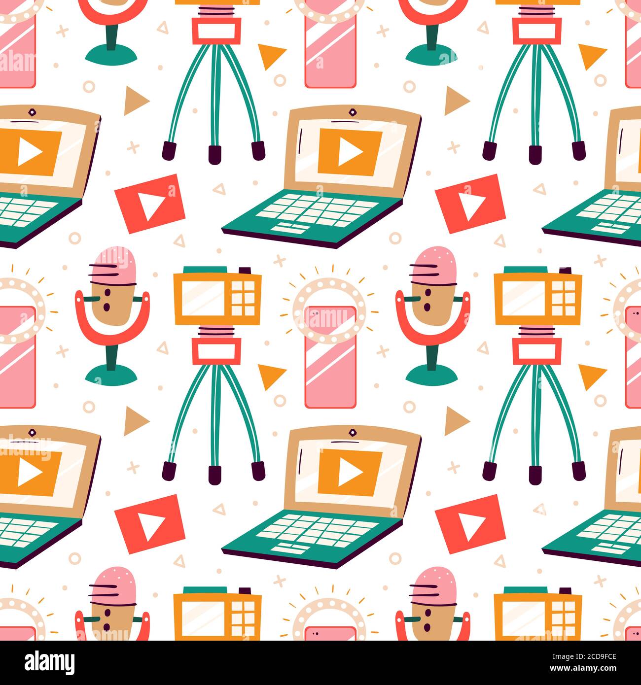 Blogging, set di vlogging. Elementi di ripresa su film. Laptop, fotocamera, treppiede, microfono, fulmini, smartphone. Vettore piatto colorato motivo senza giunture, texture, bac Illustrazione Vettoriale