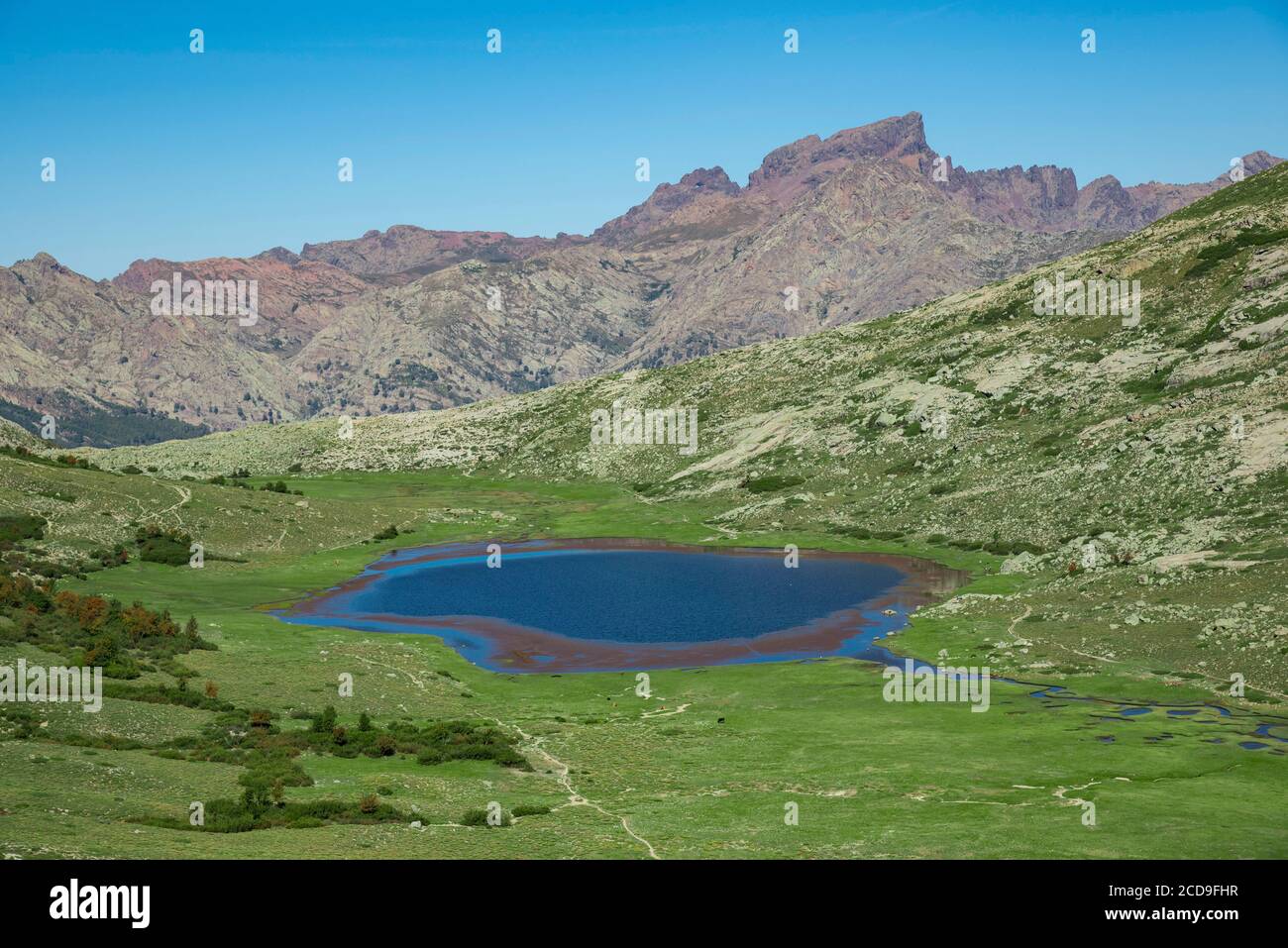 Francia, Haute Corse, Corte, Valle Restonica, sorvolando i laghi del Parco Naturale Regionale qui il Lago di Nino sulla GR20 circondata da pozzine e il buco di Capu Tafunatu, il collare dei Mori e paglia Orba (vista aerea) Foto Stock