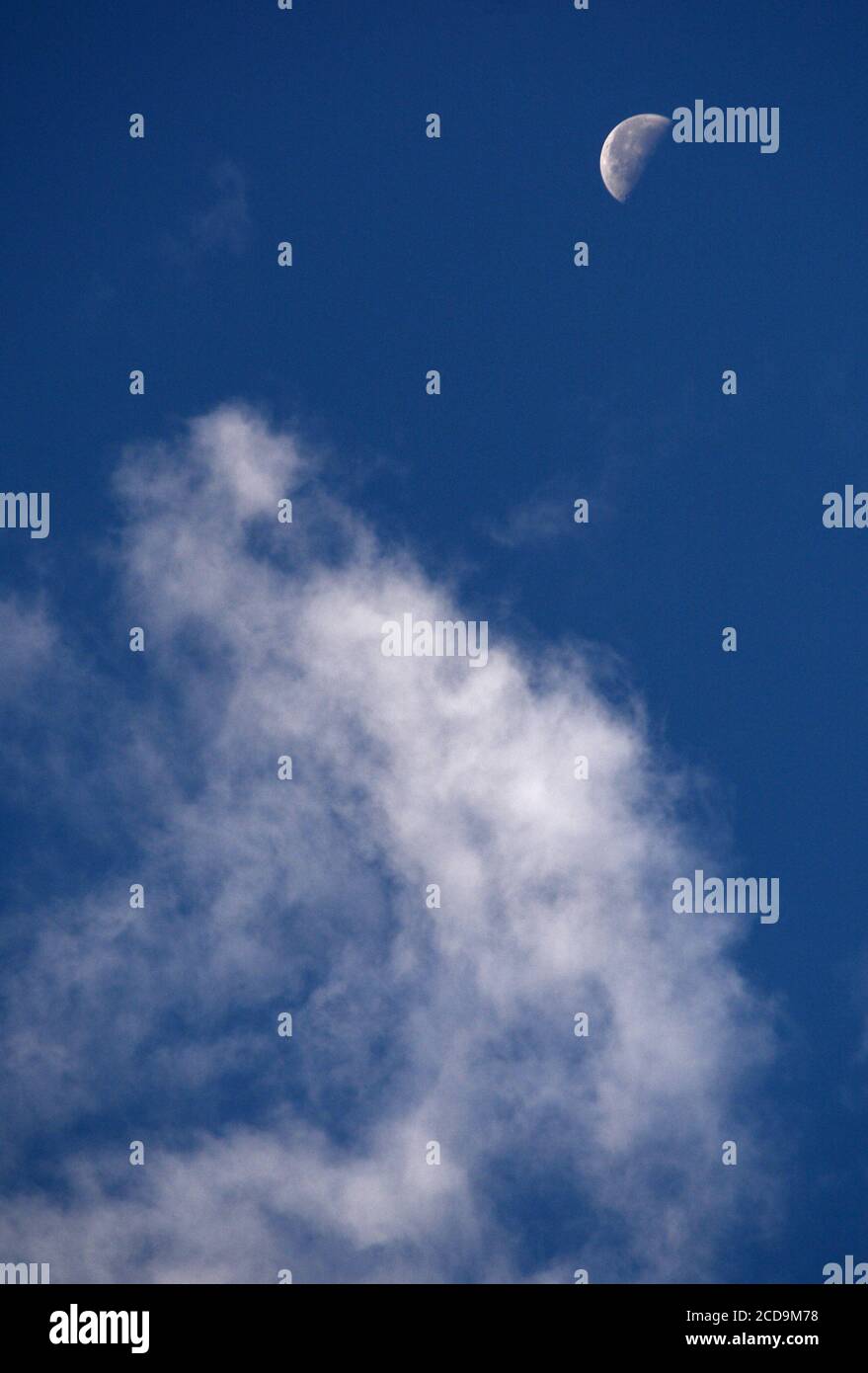 Una nube morbida rimane nel cielo con una mezza luna in lontananza. Foto Stock