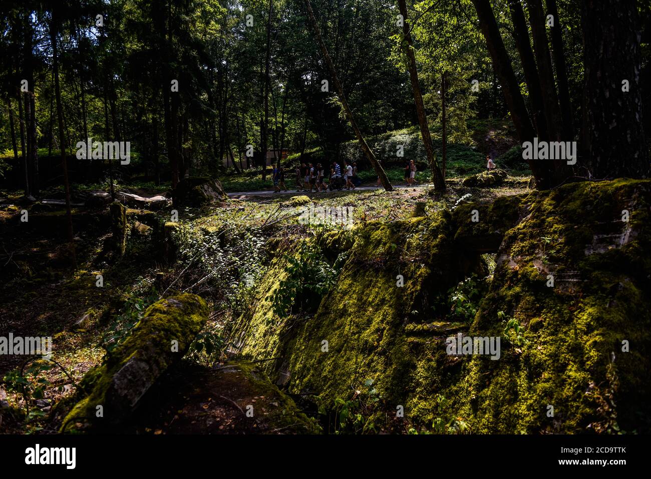 Una vista di un bunker distrutto che serviva come una casa da tè per i soldati nazisti parte dello storico Wolf's Lair, il primo quartier generale militare di Hitler sul fronte orientale con l'obiettivo di iniziare l'Unione Sovietica, a Gierloz. Il famoso Wolf's Lair era uno dei quartieri generali segreti più importanti della Germania nazista situata oggi nella Polonia orientale. Il sito nazista è famoso per il famoso assassinio della vita di Adolf Hitler. Conosciuto come operazione Valkyrie, Claus von Stauffenberg ed altri hanno designato Hitler con una bomba della valigia durante un incontro all'interno del Lair del lupo. Foto Stock