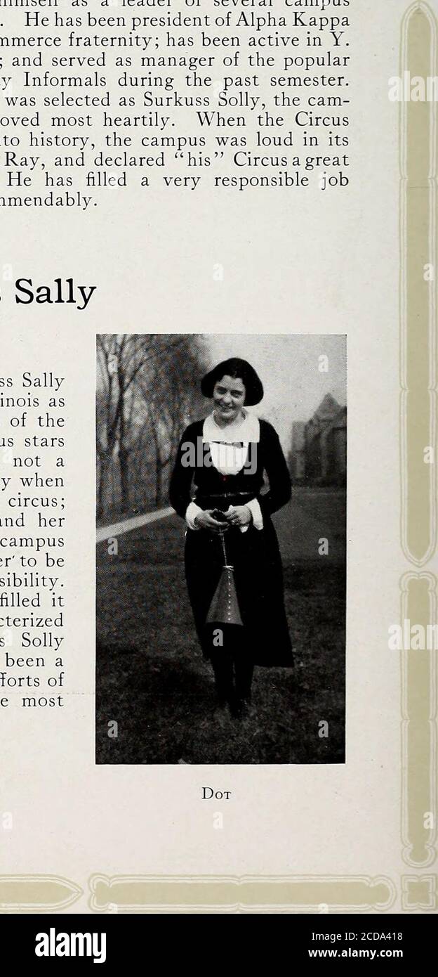 . Storia, il campus era rumoroso in itspread di Ray, e ha dichiarato il suo Circo un grande successo. Egli ha riempito un lavoro molto responsabile encomiabilmente. Ray Surkus Sally Dorothy Knight, l'affascinante Surkuss Sallyof di questo circo di anni, afferma Rockford, Illinois, la città della sua natività, e Dot è uno dei luoghi più brillanti tra i diversi campus a partire dalla piccola metropoli. Non c'era domanda asingle fatta dal corpo studentesco whenDot è stato scelto per aiutare a dirigere il circo; la sua esperienza con precedenti circhi, e il primato di leadership tra le varie campusactivities m Foto Stock