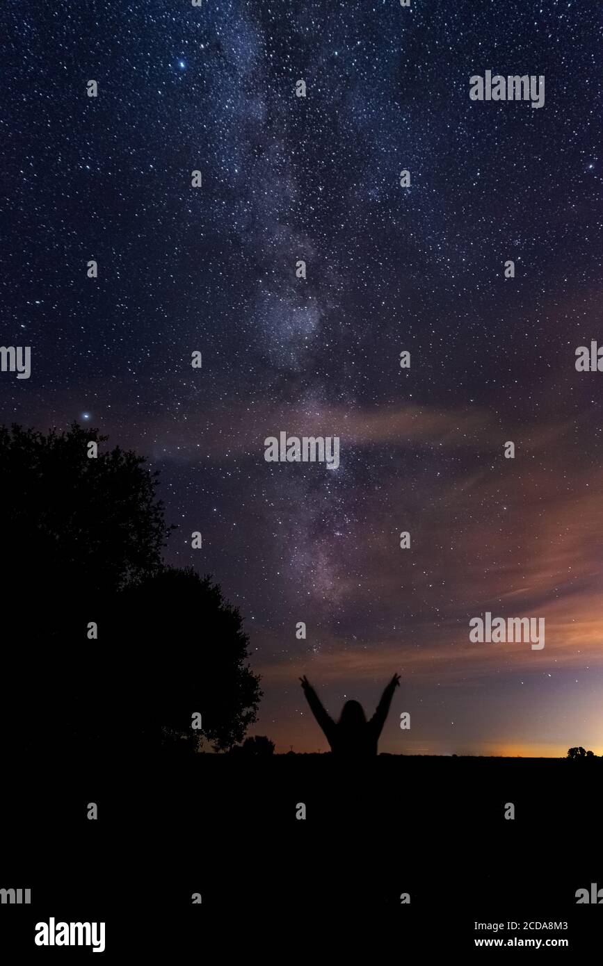 Immagine verticale delle silhouette di una persona che punta a. via lattea nel cielo notturno Foto Stock