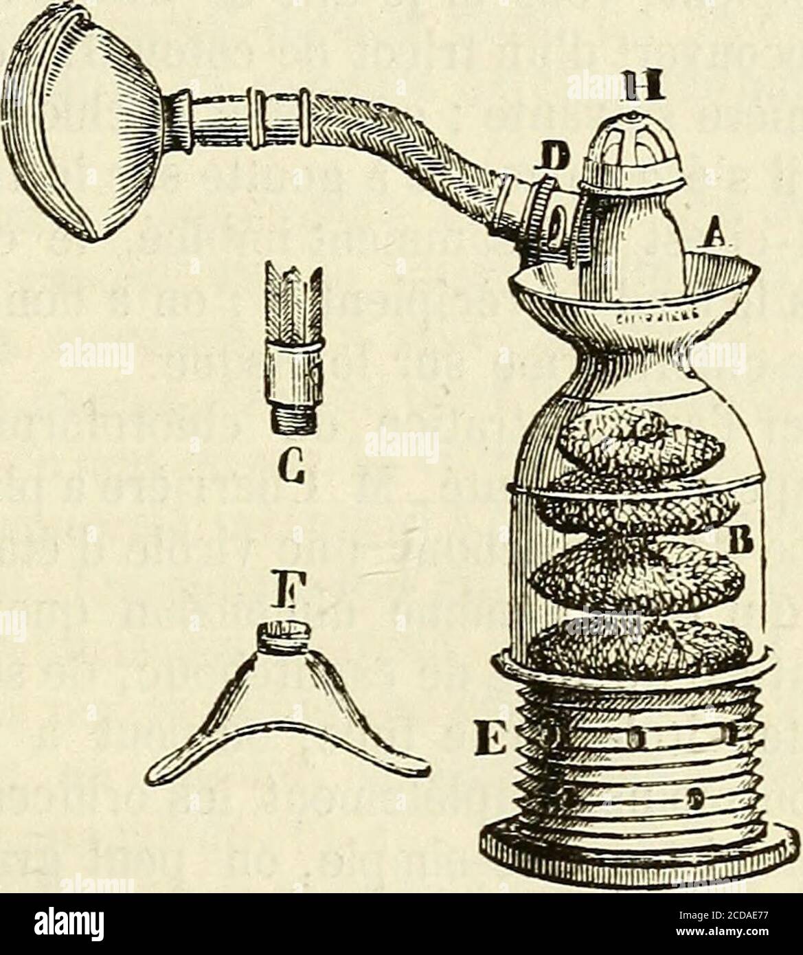 . Manuel de petite chirurgie . rme ; ces conditions sont les suivantes : « 1 il faut que la respiro soit toujours libre et se fasse lplus largement possible, cest-à-ditre quil faut utiliser le nez etla bouche au passage de lair. » 2^ il faut que lon puisse graduer à volonté la concentrationdes vapeurs anesihésiques. » 3^ Lnhn, il faut renouveler constamment lair daus lap-pareil , afin déviter autant que possible toutes les chancesdincidents. ( (1) Robert, hc. CIL. p, 20. AGENTI ANESTHÉSÎQUtS. 75? r&gt; il se compose dun récipient détain (qui sélend de A jus-quen K) dans lequel est placée Foto Stock