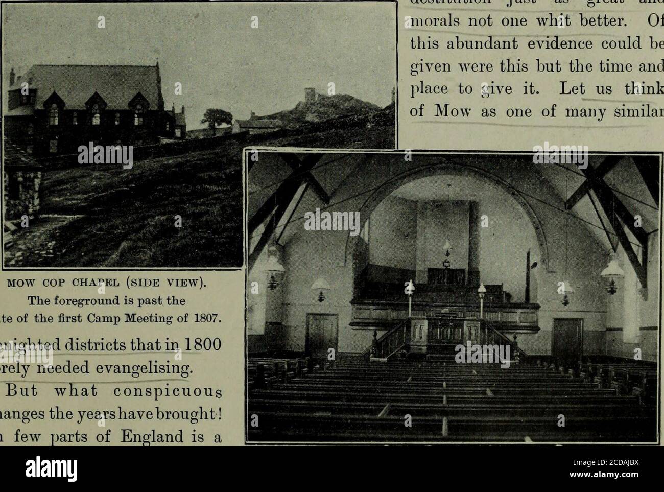 . L'origine e la storia della primitiva Chiesa Metodista . NUOVA CHIESA DELLA CAPPELLA.(Brindleys grave è Tlie Monument sulla sinistra). È stato girato su questo particolare angolo del Nord Staffordshire, con il risultato di rivelare triste stancamento spirituale e morale deplorevole, ma la luce solo starnutedper essere concentrato altrove con uguale intensità, al fine di rivelare una indigenza spirituale così come grandi andmorals non uno che meglio. Ofthis abbondanti prove potrebbero bemven erano questo ma il tempo andplace per dargli. Immaginiamo Mow come uno di molti simili. MOW COP CHAPEL (VISTA LATERALE). Il foregrou Foto Stock