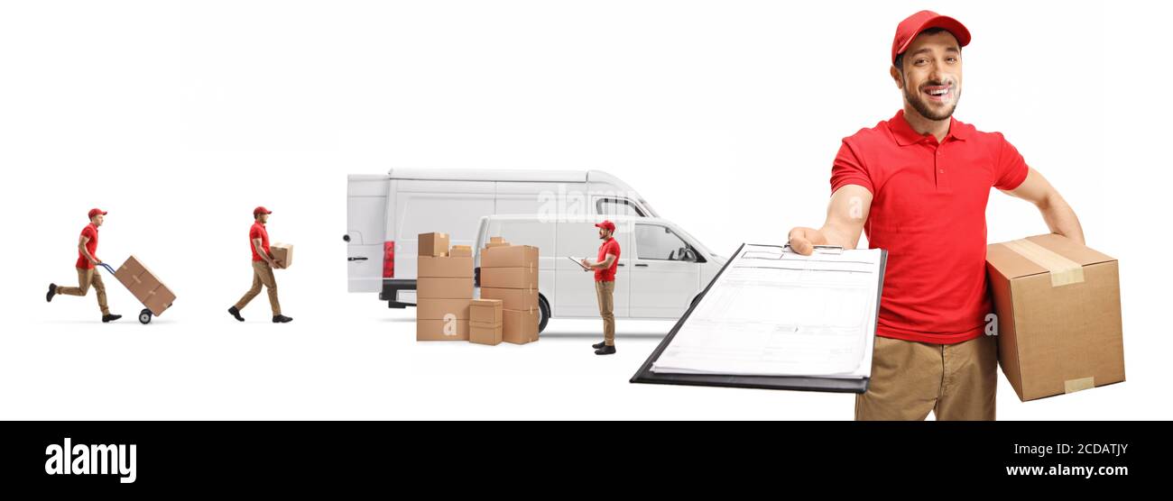 Corriere con una scatola e una clipboard e altri lavoratori scatole di carico in furgoni isolati su sfondo bianco Foto Stock