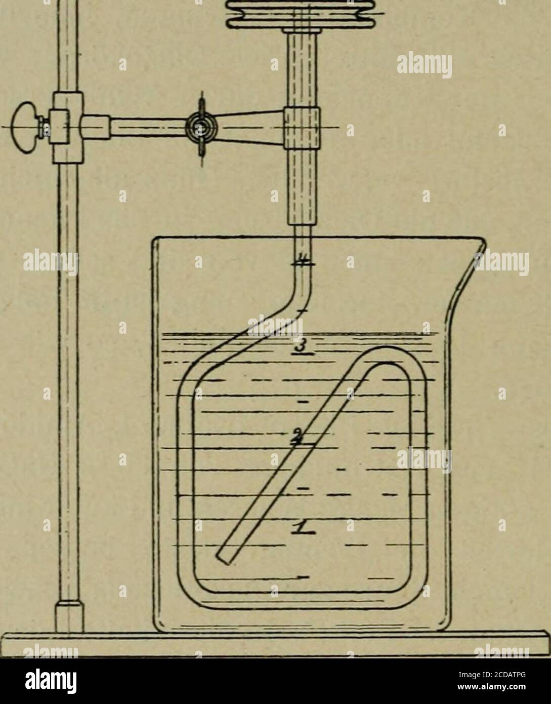 . Grundlegende operationen der farbenchemie . Amidonaphtolsulfo-säure etc.), 15 cm^ Natronlauge von 30 ^/o NaOH und 25 gSoda in der nötigen Menge Wasser und kühlt mit EIS auf 0^.JE konzentrierter die Lösung, desto besser verläuft dieKuppelung; je mehr Säure zur Diazotierung verwendet wurde, nötig kalkali. In diese kalte Lösung läßt mandie Diazoniumlösung (Diazokörper) in dünnem Strahle ein-fließen und rührt während einer Stunde ruhig bei niedrigerTemperatur. Dann wärmt man innert einer Stunde auf 30 o,läßt über Nacht stehen und scheidet bei geeigneter Tempe-ratur den Farbstoff ab Foto Stock