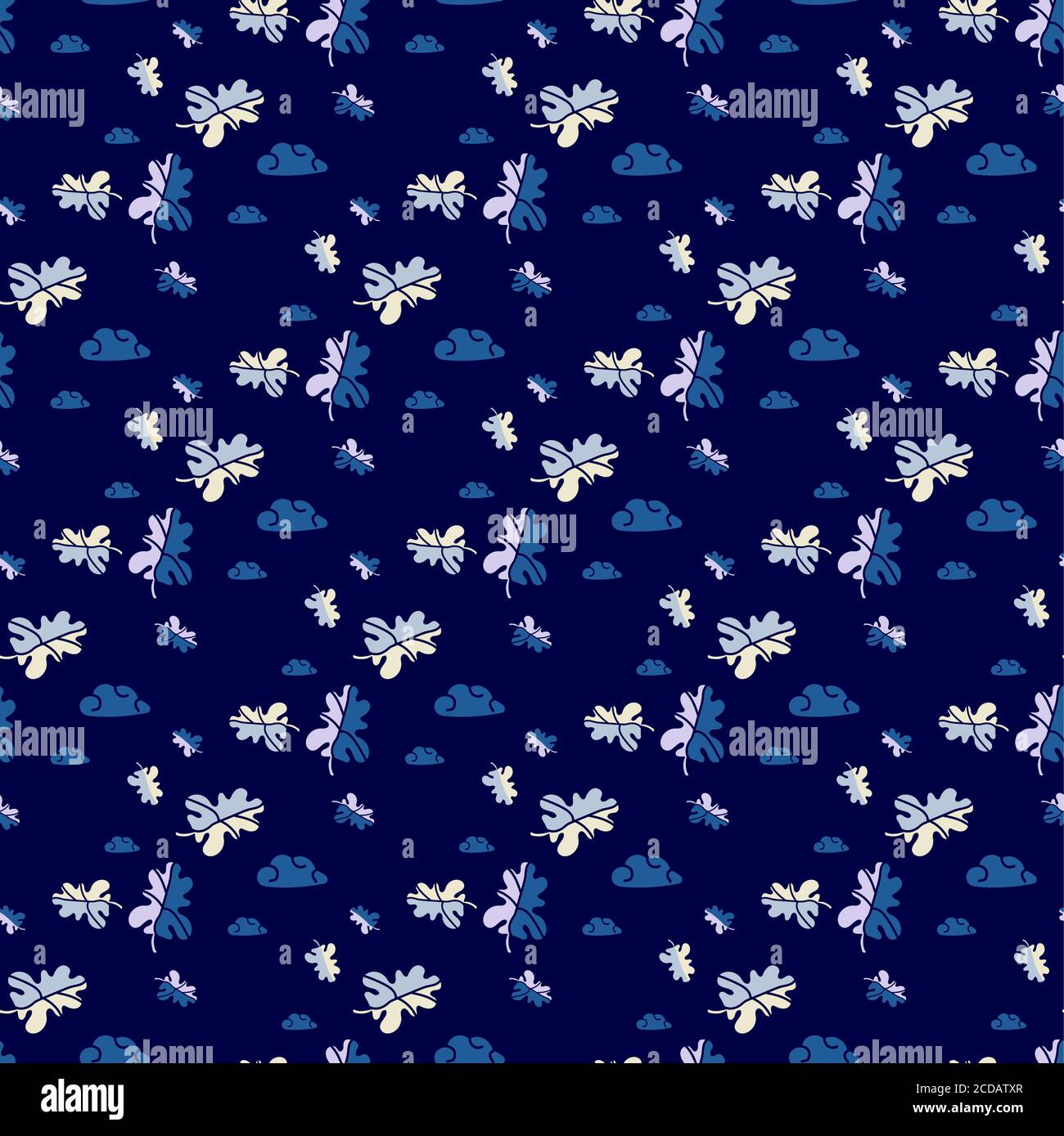 Ripetizioni senza giunture. Astratto modello autunnale con la natura. Foglie e nuvole decorative su sfondo blu. Arredamento e design autunnali, imballaggio Illustrazione Vettoriale
