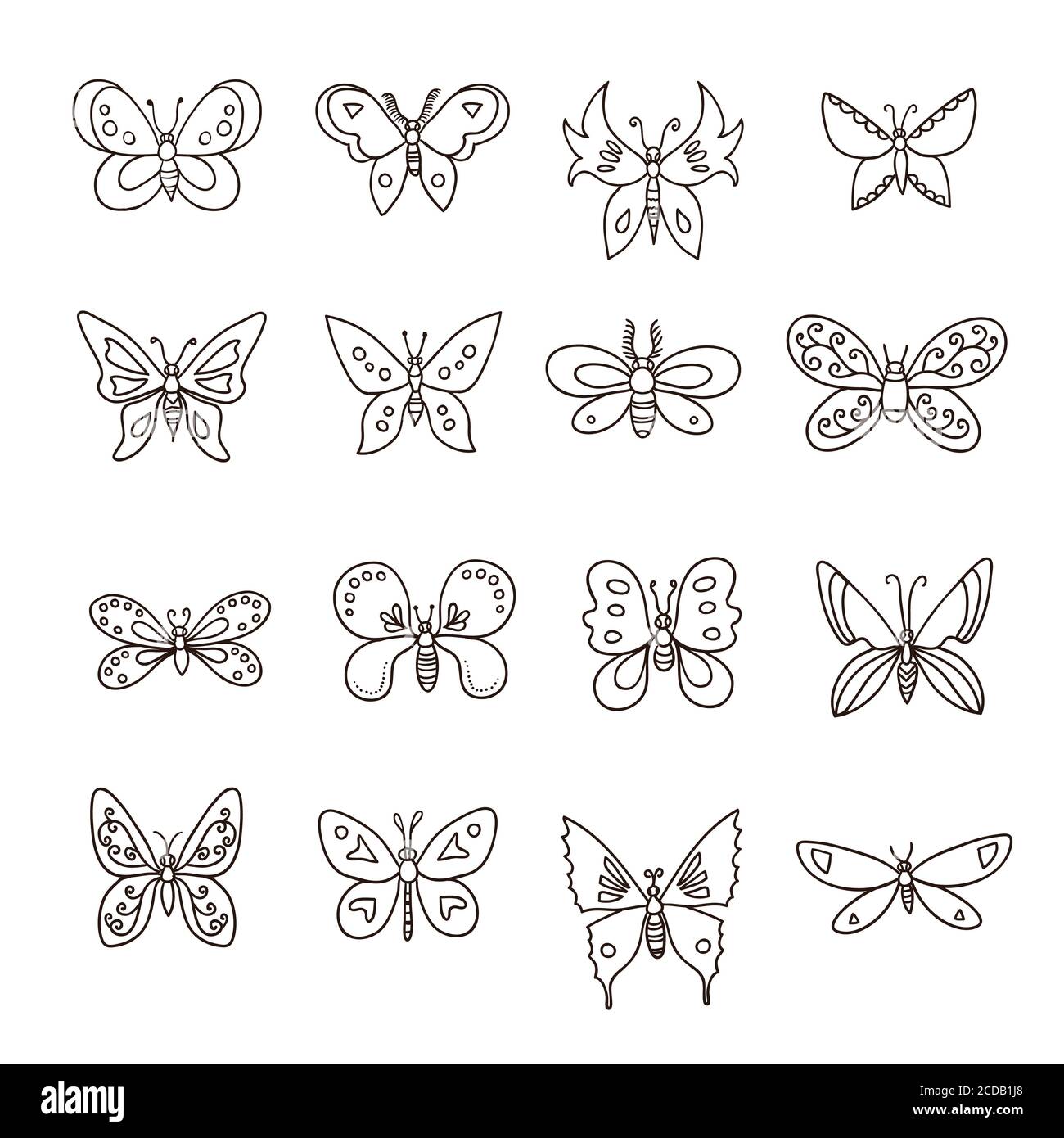 Grande set di linee art bianco e nero farfalle minimaliste. Illustrazione Vettoriale
