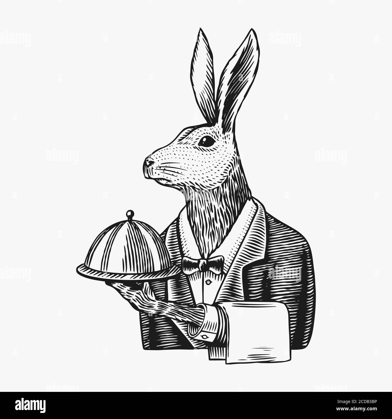 Il cameriere di Lepre con un piatto. Coniglio flunky o garcon. Carattere animale di moda. Schizzo disegnato a mano. Immagine vettoriale incisa per logo, etichetta e tatuaggio Illustrazione Vettoriale