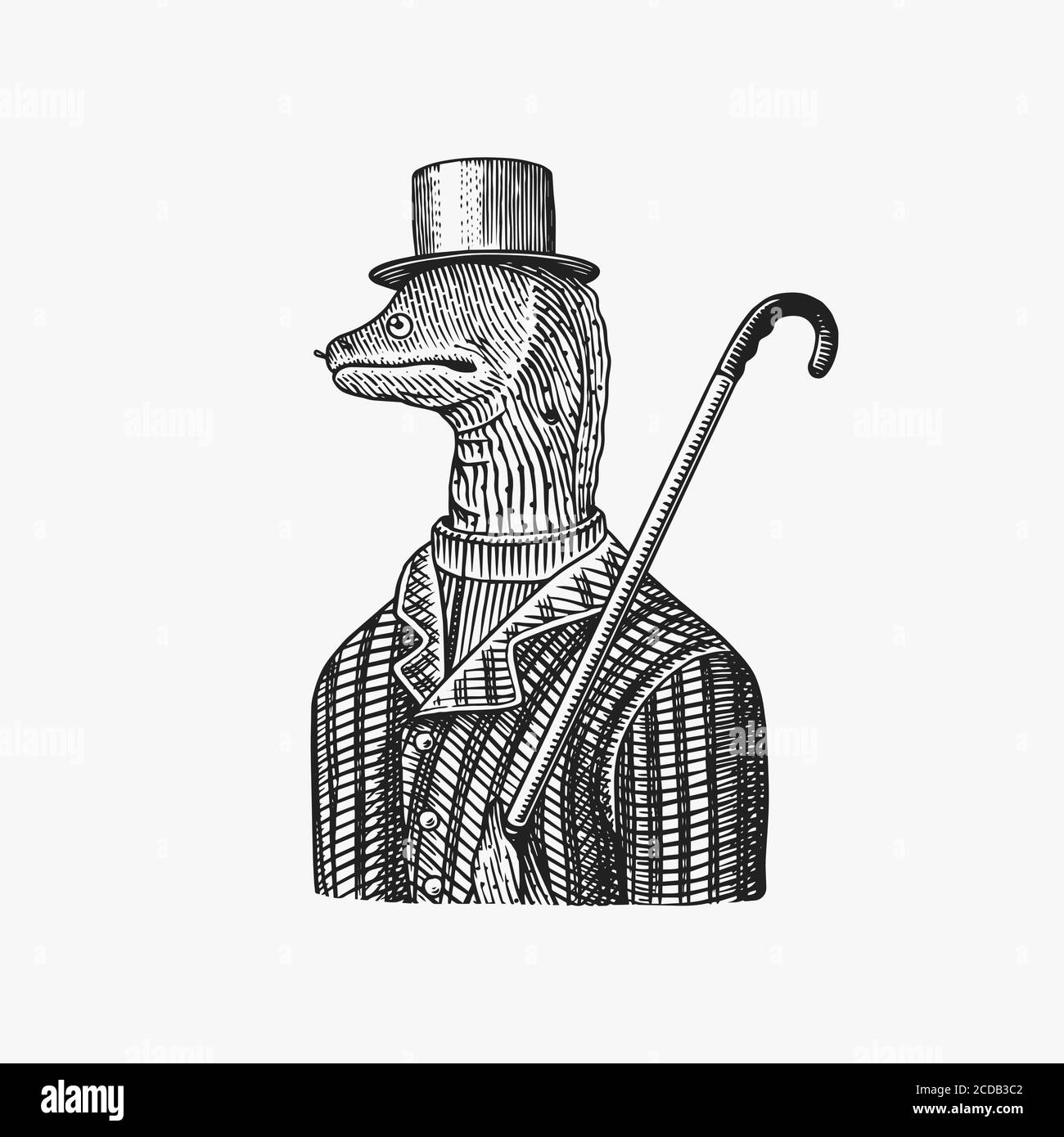 Muraena eels gentleman in un cappello e vestito con una canna. Personaggio animale di moda. Creatura del mare. Schizzo disegnato a mano. Immagine vettoriale incisa per il logo Illustrazione Vettoriale