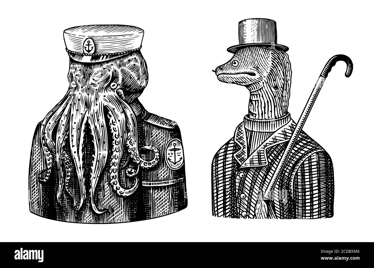 Marinaio di polpo. Capitano di mare e muraena anguille. Personaggio animale di moda. Marinaio nautico o marinaio nautico. Schizzo disegnato a mano. Vettore inciso Illustrazione Vettoriale