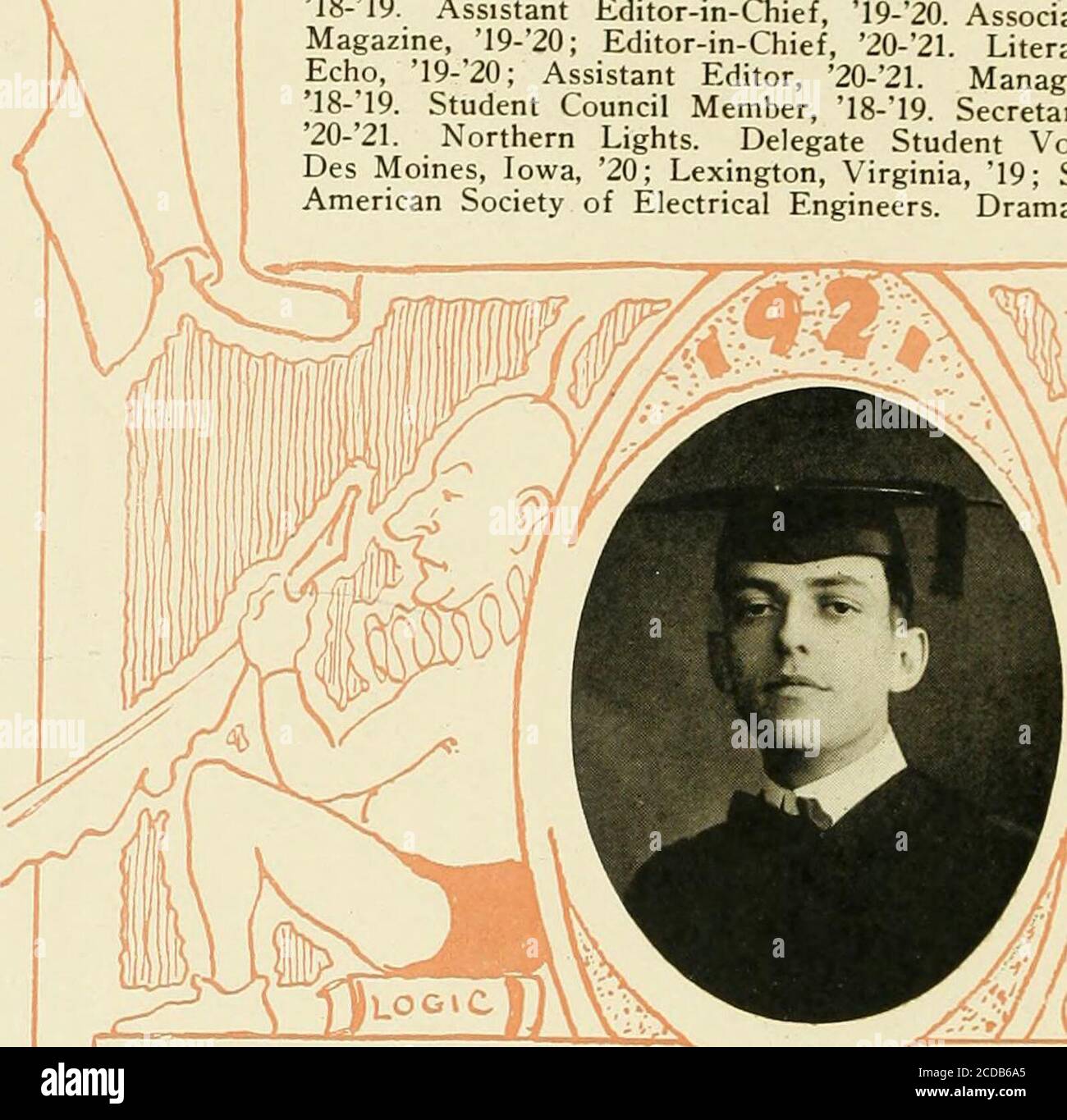 . Colonial Echo, 1921 . Arthur Warren Johnson, A.B. Phil Alpha Zeta. Tau Kappa Alpha. Phoenix Società letteraria. CHAP-lam, 17-18; Segretario, 18-19; Vicepresidente, 10-20. Y M C ACABINET, IS-IP. 10-20; Presidente, 20--21. Editor associato Flat Hat 18- 19. Direttore aggiunto, 19-20. Socio redattore LiteraryMagazine,/19-20; redattore capo, 20-21. Redattore letterario ColonialEcho, 19-20; Assistant Editor, 20-21. Dibattito del responsabile Council.in.^^ membro del Consiglio degli studenti, 18-19. Segretario Consiglio degli studenti^ 20-21. Aurora boreale. Delegato studente Volontario conferenziaDes Moines, Iowa, 20; Lexington, Virg Foto Stock