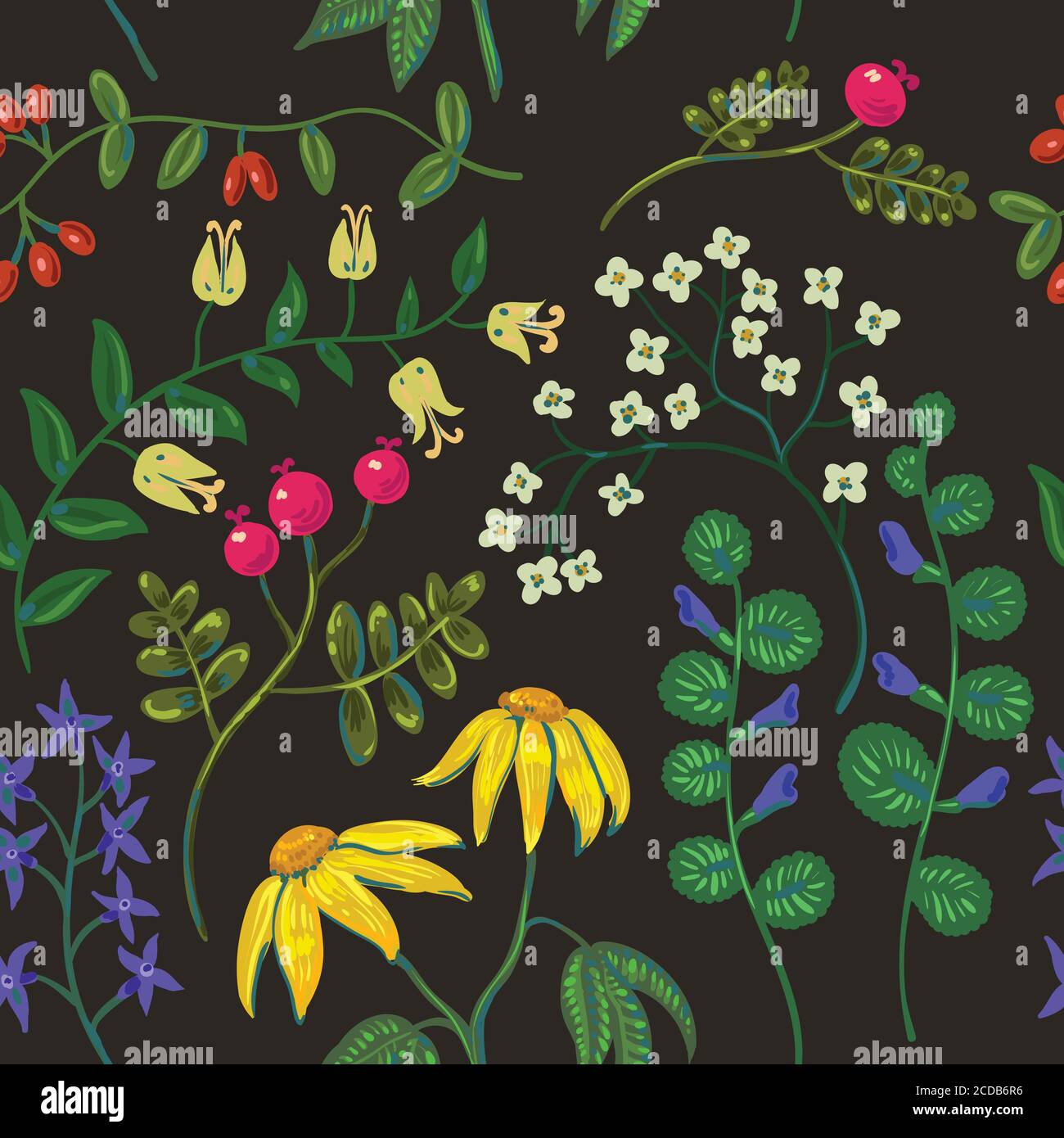 Modello retro senza cuciture con elementi floreali vintage. Illustrazione Vettoriale