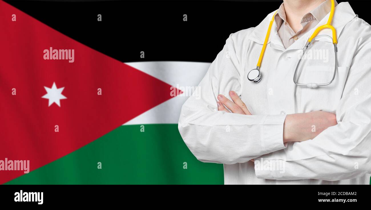 Hashemite Regno di Giordania concetto di assistenza sanitaria con medico sullo sfondo. Assicurazione medica, lavoro o studio nel paese Foto Stock