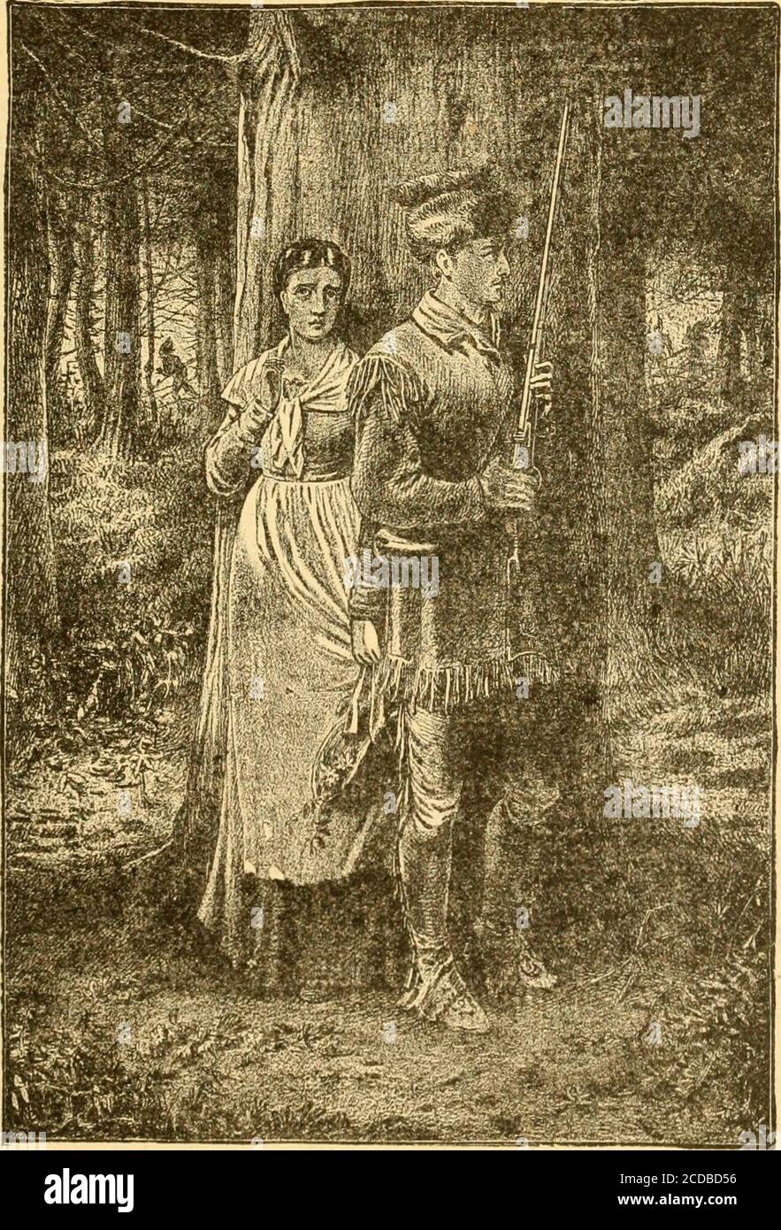 . I nostri eroi pionieri e le loro azioni audaci . entrare, e due o più, appena dietro di lui, lo spingevano in avanti. Scommetti il grilletto del fucile, metti il muso quasi contro il corpo del più grande, e sparò. Come si aspettava, gli indiani scesero come mattoni di fila; il primo senza agroe, il secondo con un grido di agonia mortale, il terzo con un'esclamazione di sorpresa e terrore. Non una parola ha detto l'eroina, come lei si è levata in piedi sola nell'oscurità, accanto al letto-trundle dove i suoi bambini hanno dormito; non amovement ha tradito lei dove. I selvaggi, terrorizzati dal silenzio succhia Foto Stock