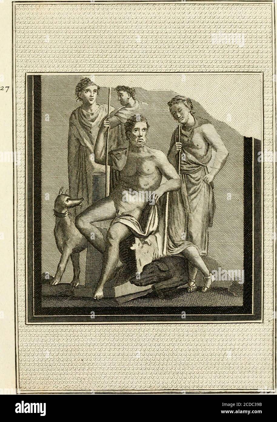 . Les antiquités d'Herculanum : avec leurs explications en françois . e laifla furprendre à la courfe par une rufe dçion Amant ; & que pour punition davoir profané avec fon mariun Temple de Cybele , elle fut changée en lionne, & Hyppo-menes en leone. L'eft bien Plus à propos de croire que notre aimable figureneft autre que Vénus elle-même qui a défarm Lamour : ilfemble quelle ne confidère les armes de fon fis quavec une fortede défiance. Su pourroit dire encore quelle médite lufagequelle en doit faire. Planche XXVI I. Loriginal de cette Peinture Antique , qui eft belle & curieufe,fut un des p Foto Stock