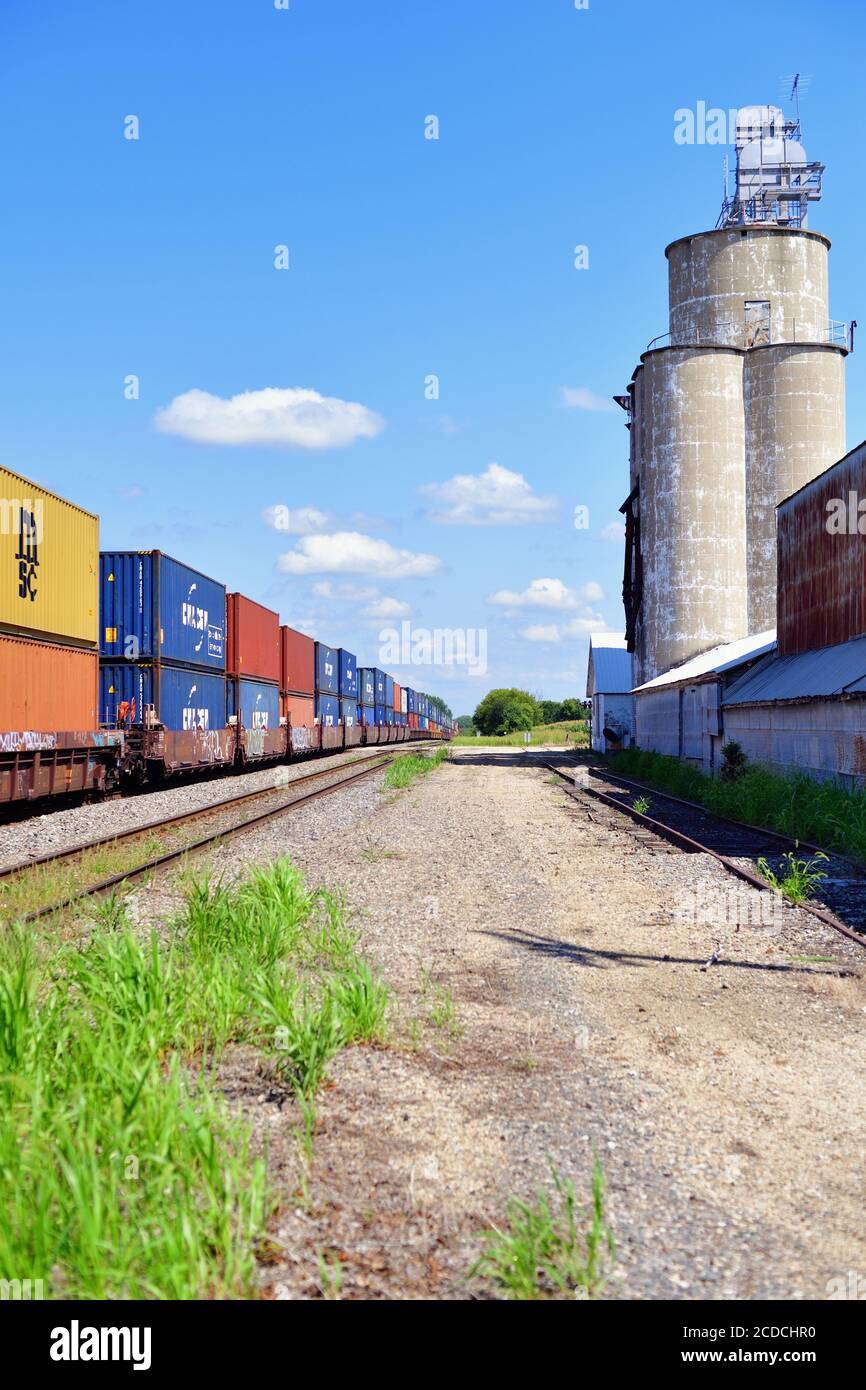 Chana, Illinois, Stati Uniti. Un trasporto intermodale o un treno stack Burlington Northern Santa Fe che passa attraverso Chana, Illinois. Foto Stock
