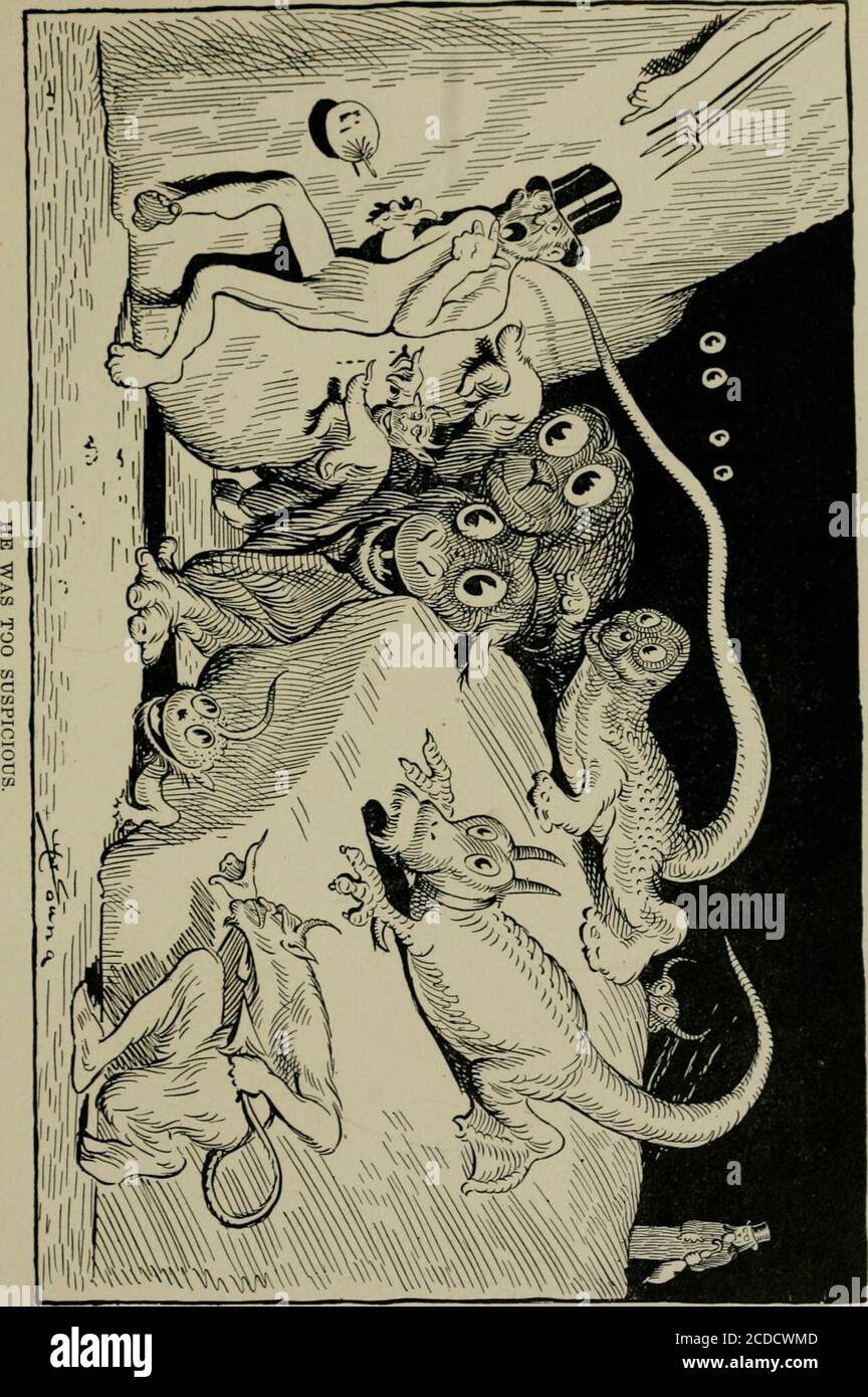 . Attraverso l'inferno con Hipprah Hunt; una serie di immagini e note di viaggio che illustrano le avventure di un Dante moderno nelle regioni infernali; anche altre immagini dello stesso mondo sotterraneo . CANTO XXII. Il sig. Hunt prende la sua strada giù una lunga declività su cui il vapore cieco-ing fa male come una bizzard spazza su una pendenza della prateria. Herehe si affaccia sul vasto territorio dove il trampare professionale reso miserabile. Sono costretti a sottoporsi a bagni di everlastingin vasche d'acqua boilinsr. Foto Stock