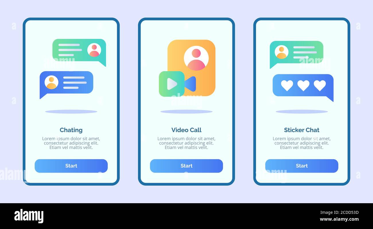 Chat video etichetta chat per il banner modello app mobile Pagina UI con tre varianti stile moderno a colori piatti Illustrazione Vettoriale