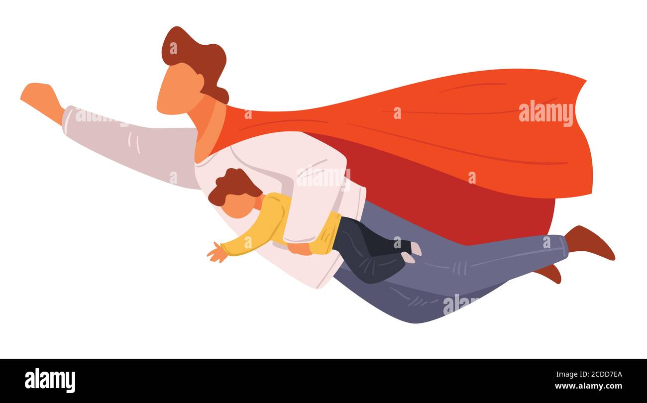 Famiglia super eroe, papà e figlio che volano insieme Illustrazione Vettoriale