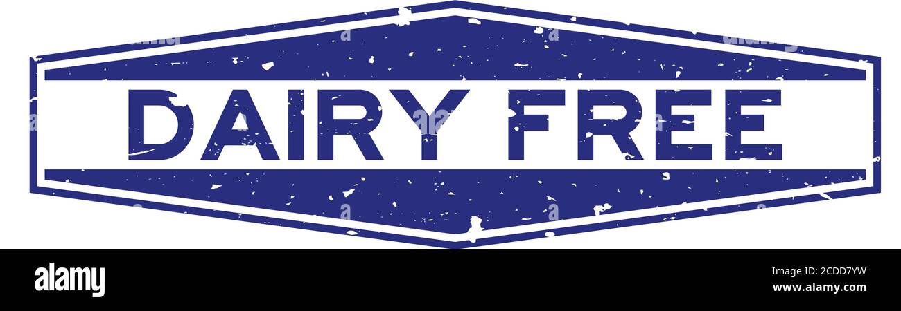Grunge blu senza latteria parola esagonale guarnizione in gomma stampigliata su sfondo bianco Illustrazione Vettoriale