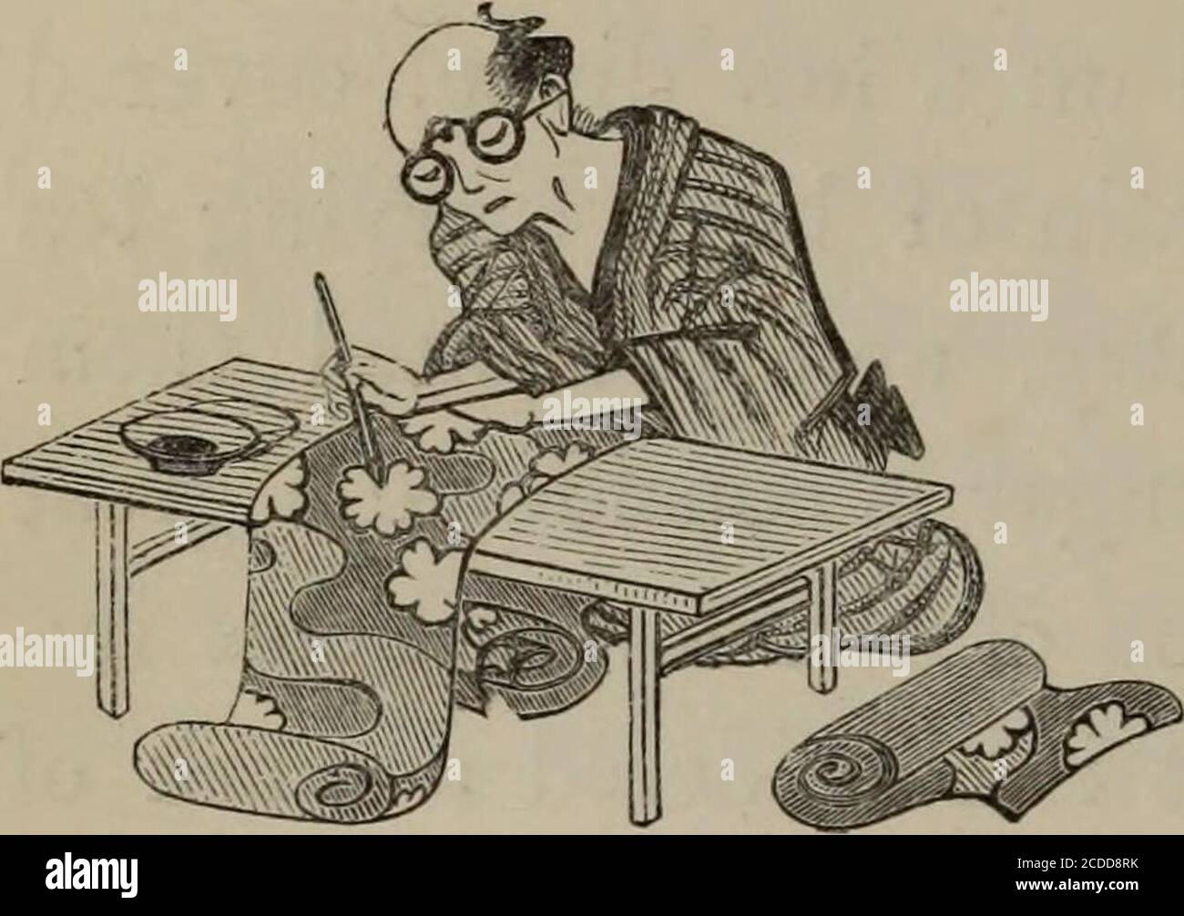 . Narrazione della missione del conte di Elgin in Cina e Giappone negli anni 1857, '58, '59 . artista. Pattern Designer (da un disegno nativo.) con un po' di umorismo, hasrappresented come impegnato nella progettazione di modelli. Ci siamo rammaricati del fatto che tutte queste curiosità di abbigliamento e materiale debbano essere esposte prima che i per-figli siano così poco in grado di apprezzarle. Ci può Beno dubitare che i contenuti di un negozio di seta giapponese-mercer, trasportato in Inghilterra, e esposto al pubblico femminile della nostra metropoli, attirerebbero folle di grandi e di moda. Mentre eravamo in disprezzo che cosa comprare e perso in perplesso Foto Stock