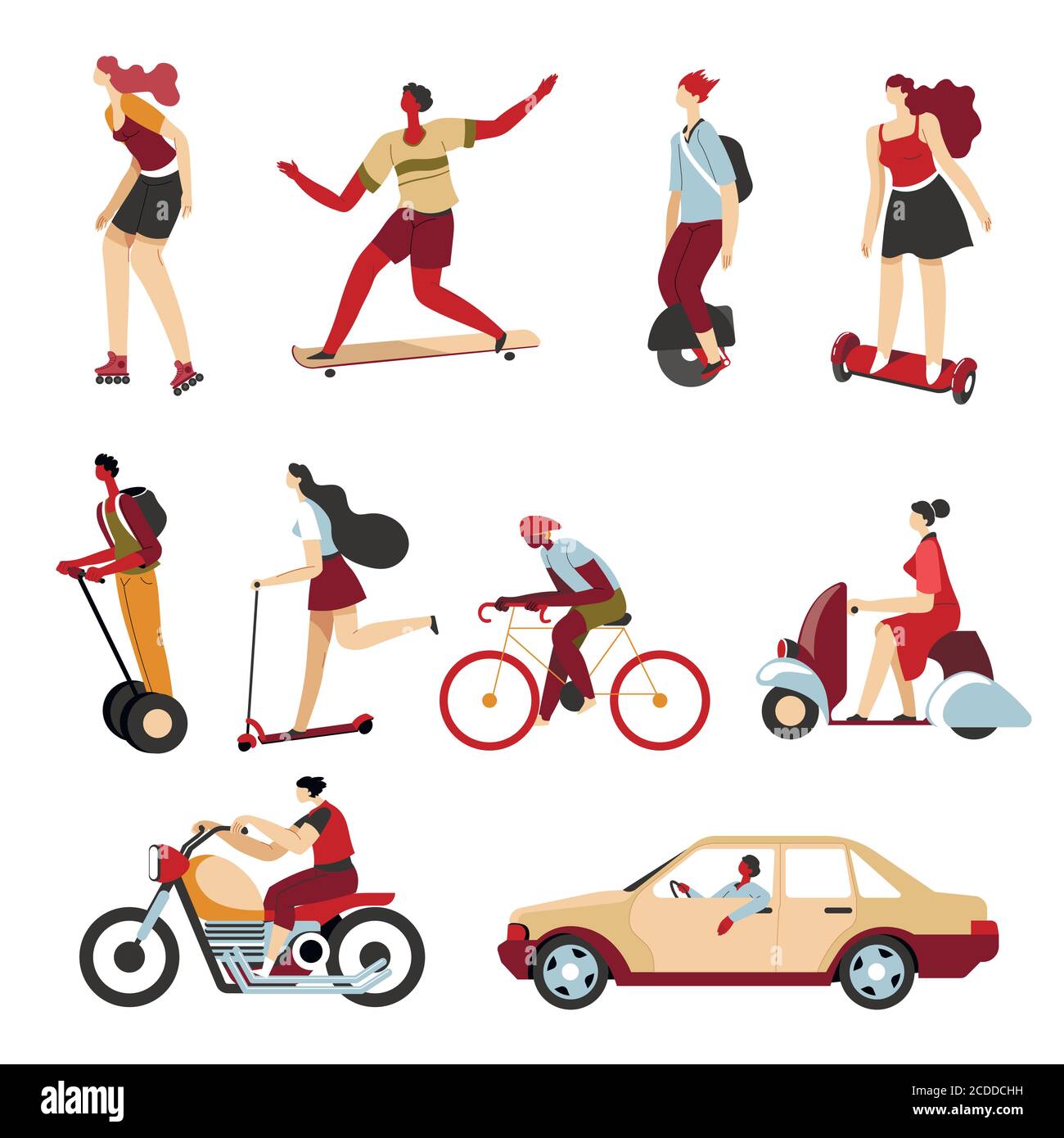 Mezzi di trasporto in città, automobili e scooter Illustrazione Vettoriale