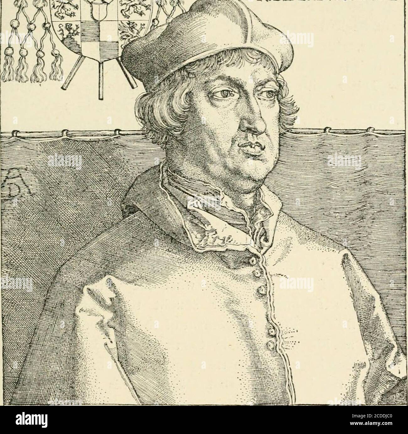 . Incisione e incisione : un manuale per l'uso di studenti e collezionisti di stampe . i^ic^OCVLO^lv^ic^ILLE^GENAvy ^ SIO II OKKI FEREBAT ? I anno 3-ETATi^i^jvEc^xxiXi ^ A^ - D • X-i-X ? Fig. 32. Albrecht Durer : Ritratto del cardinale Albrecht von Brandenburg. 66 INCISIONE IN GERMANIA A 1528 ritratti in tutto di Diirer, tutti terminati tra il 1519 e il 1526. La serie è aperta dal ritratto realistico e integrale di Albert von Brandenburg (fig. 32), Cardinale di Magonza. Un secondo ritratto di questo keenpatrono delle arti, in profilo, con la testa a destra, è stato fatto da Diirer nel 1523. Diirer aveva m. Foto Stock