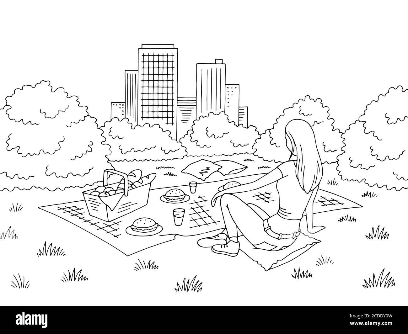 Cestino picnic grafico bianco nero parco disegno paesaggio vettore illustrazione Illustrazione Vettoriale