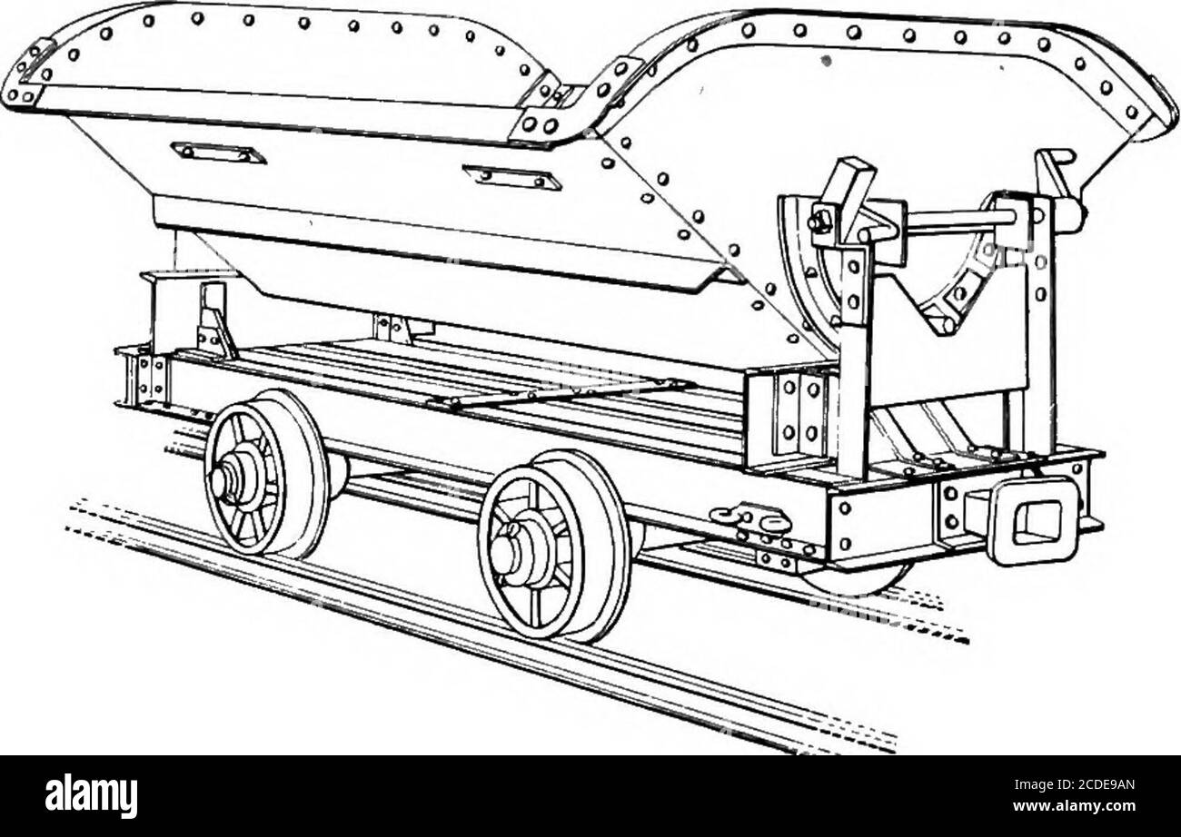 . La ciclopedia per la movimentazione dei materiali; un libro di riferimento che copre le definizioni, le descrizioni, le illustrazioni e i metodi d'uso delle macchine per la movimentazione dei materiali impiegate nell'industria . Fig. 10 – Automobile con cassone a V, con base adatta a resistere alle sollecitazioni derivanti dal trasporto su treni lunghi, su pendenze pesanti e a velocità elevate. Per LE AUTO INDUSTRIALI a 591 velocità elevate, tuttavia, soprattutto su pista scarsa, è meglio usesprings sulla parte superiore delle scatole di giornale. Le dump car con cassone a V montate su otto ruote, o doubletruck, sono anche realizzate per il trasporto di carichi pesanti. Questo tributo il carico in modo che hight ringhiere possono essere noi Foto Stock