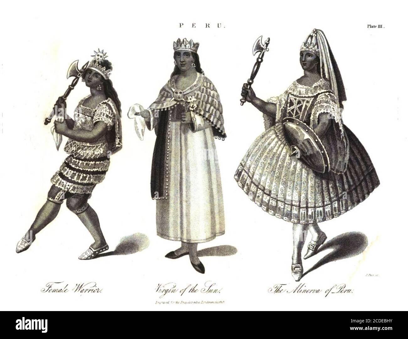 Perù Vergine del sole, Guerriero femminile e Minerva del Perù incisione Copperplate dall'Enciclopedia Londinensis o, dizionario universale di arti, scienze e letteratura; Volume XIX; a cura di Wilkes, John. Pubblicato a Londra nel 1823 Foto Stock