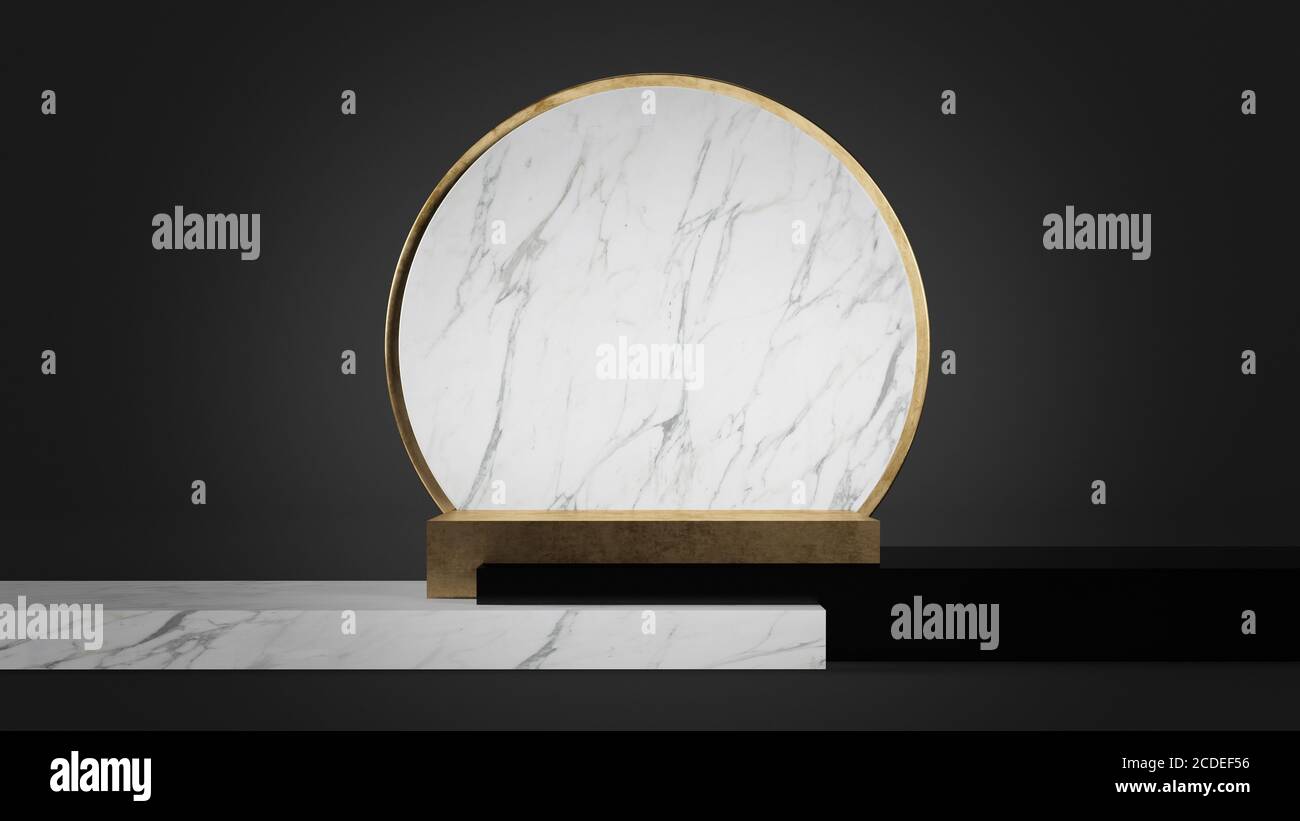 Podio oro con marmo bianco, oro e plastica nera forme geometriche rendering 3d Foto Stock
