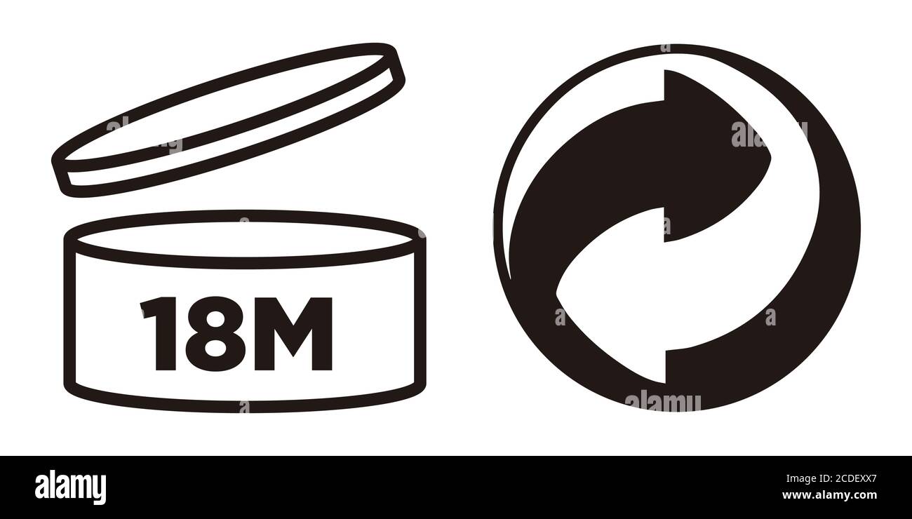 18 M dopo l'apertura, simbolo PAO e simbolo del punto verde per l'imballaggio dei cosmetici. Illustrazione Vettoriale