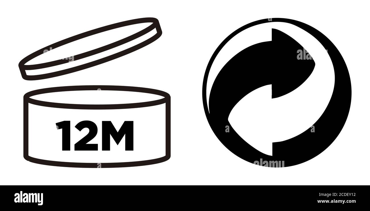 12 M dopo l'apertura, simbolo PAO e simbolo punto verde per l'imballaggio dei cosmetici. Illustrazione Vettoriale