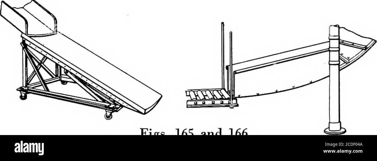 . La ciclopedia per la movimentazione dei materiali; un libro di riferimento che copre le definizioni, le descrizioni, le illustrazioni e i metodi d'uso delle macchine per la movimentazione dei materiali impiegate nell'industria . Fig. 163 e 164 caricati sulla barriera di sicurezza. Una slitta di entrata è uno scivolo corto che entra nella pista a spirale in corrispondenza di una tangente al bordo esterno. Il guardrail della spirale è incernierato, come illustrato, o fatto sollevare fuori nel punto in cui il cursore di ingresso interseca il basamento della pista. Tutte le spirali devono essere caricate tangenzialmente sulla barriera di sicurezza esterna. Attemptshave è stato fatto per caricare le spirali a centro aperto dalla guardia interna, ma questo Foto Stock