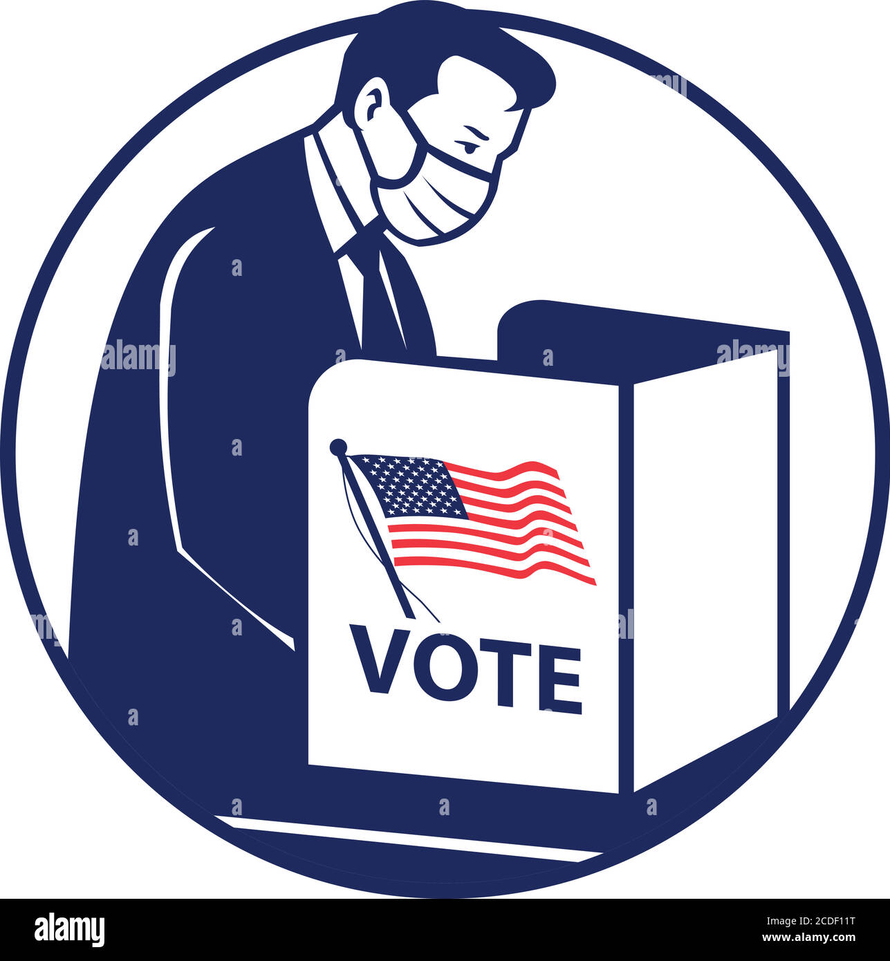 Illustrazione in stile retrò di un elettore americano in cabina di votazione o il sistema di polling indossando una maschera facciale o una copertura facciale riempimento del ballottaggio durante il coronovir Illustrazione Vettoriale