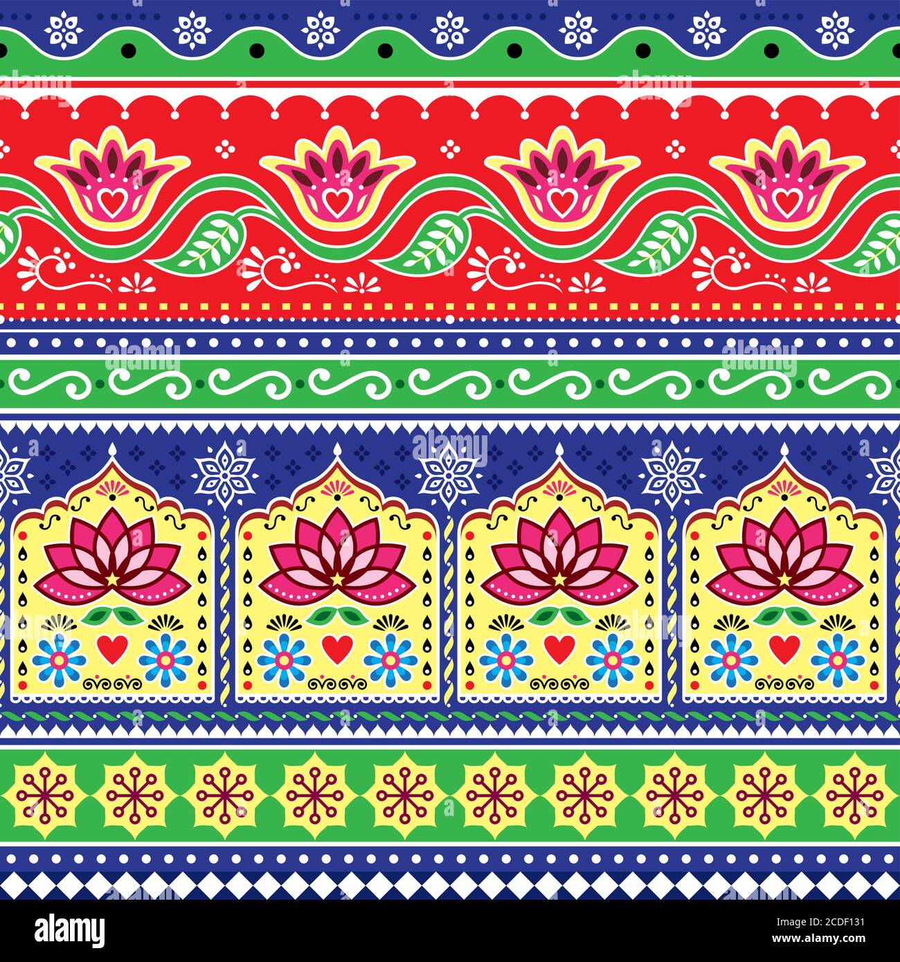 Indiano o pakistano camion arte motivo vettoriale floreale senza giunture, Jingle camion vibrante ripetitivo design, vivido ornamento con fiori di loto e astratto Illustrazione Vettoriale