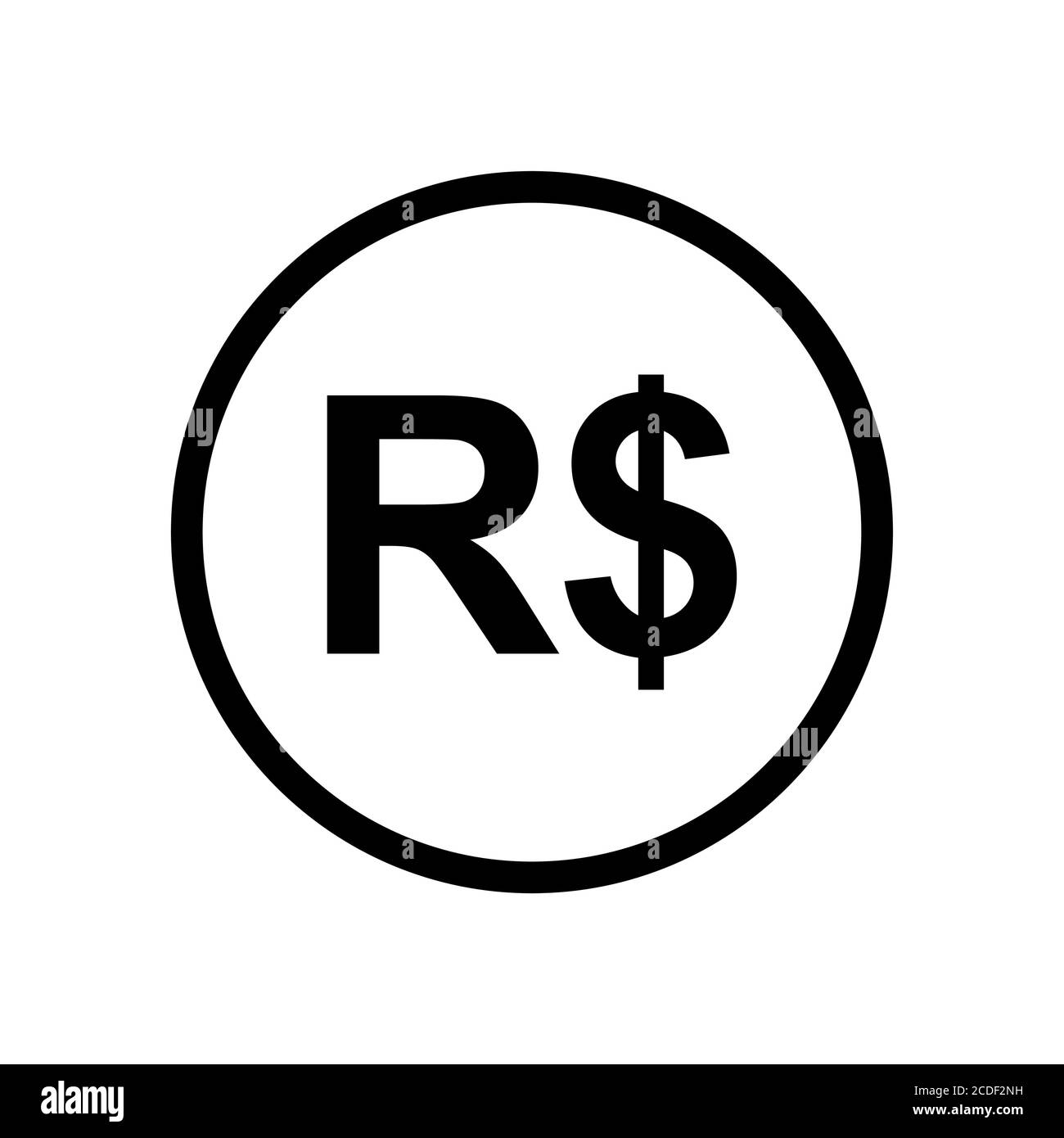 Icona brasiliana Real Coin bianco e nero monocromatica. Simbolo della valuta corrente. Illustrazione Vettoriale