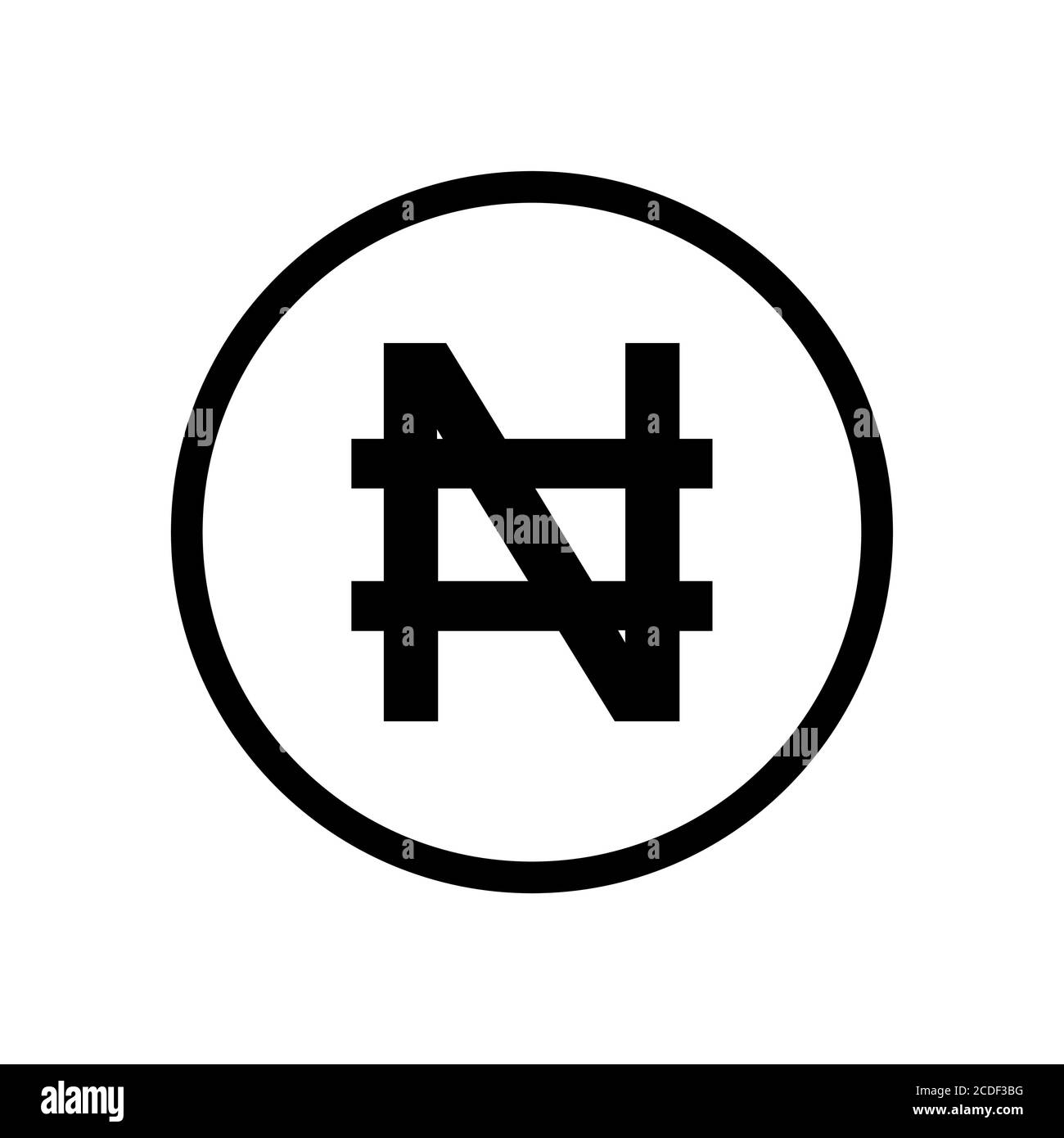 Logo nigeriano Naira monocromatico nero e bianco. Simbolo della moneta corrente. Illustrazione Vettoriale