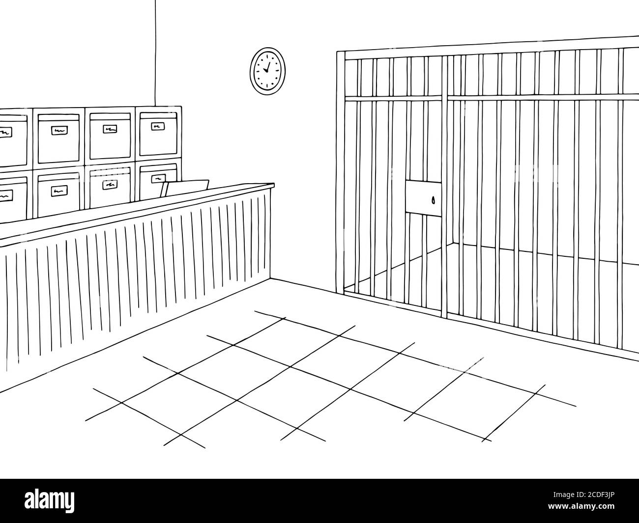 Polizia ufficio grafico interno nero bianco disegno vettore illustrazione Illustrazione Vettoriale