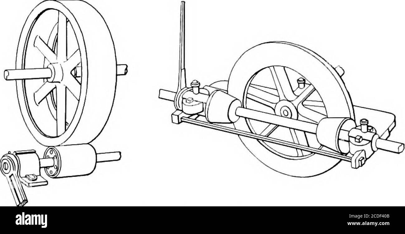 . La ciclopedia per la movimentazione dei materiali; un libro di riferimento che copre le definizioni, le descrizioni, le illustrazioni e i metodi d'uso delle macchine per la movimentazione dei materiali impiegate nell'industria . Fig. 83 marce per ottenere riduzioni di velocità molto elevate, la disposizione illustrata (Fig. 83) essendo progettato per una riduzione da 850 a 1. La trasmissione ad ingranaggi ad attrito è realizzata in entrambi gli ingranaggi cilindrici (Fig. 84) e smussatura (Fig. 8S) tipi. Il pignone conduttore è usualmente realizzato in fibra o pannello di paglia, e la ruota condotta in ghisa, poiché questa combinazione ha un elevato coefficiente di compensazione e si è dimostrata abbastanza soddisfacente e dur-abile in servizio. Foto Stock