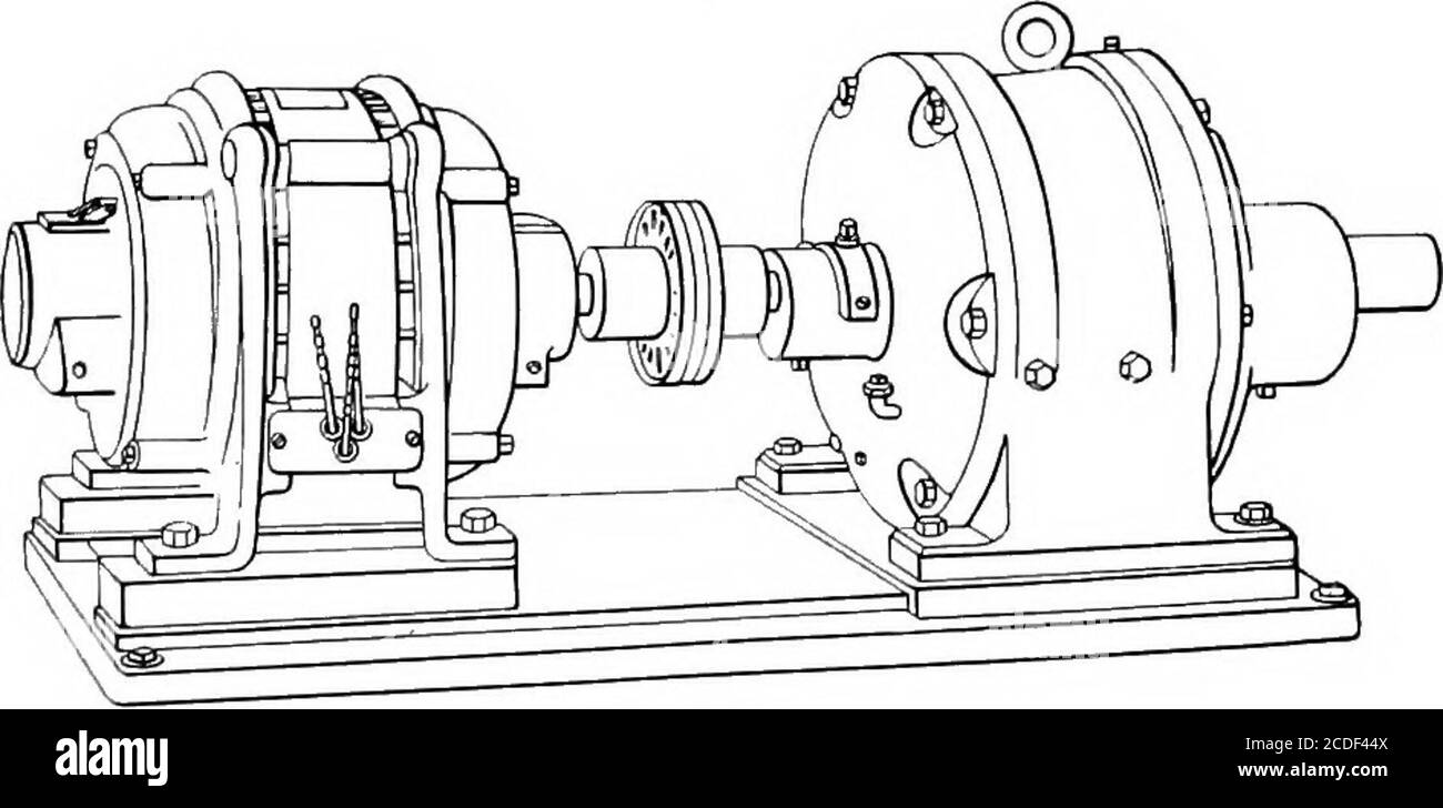 . La ciclopedia per la movimentazione dei materiali; un libro di riferimento che copre le definizioni, le descrizioni, le illustrazioni e i metodi d'uso delle macchine per la movimentazione dei materiali impiegate nell'industria . Fig. Gli ingranaggi cilindrici 80 e 81 sono in uso generale, mentre per le riduzioni eccessivamente alte, il riduttore epicicloidale o UNA COMBINAZIONE DI FACCHINETTI 453 di ingranaggi a vite senza fine e a denti dritti daranno solitamente risultati migliori rispetto ad una singola trasmissione a vite senza fine. La vite senza fine è generalmente realizzata in acciaio e la ruota dighisa o bronzo fosforoso. I denti devono essere tenuti lubrificati a fondo, preferibilmente facendo girare gli ingranaggi in un bagno d'olio. Ciò richiede una tigh di petrolio Foto Stock