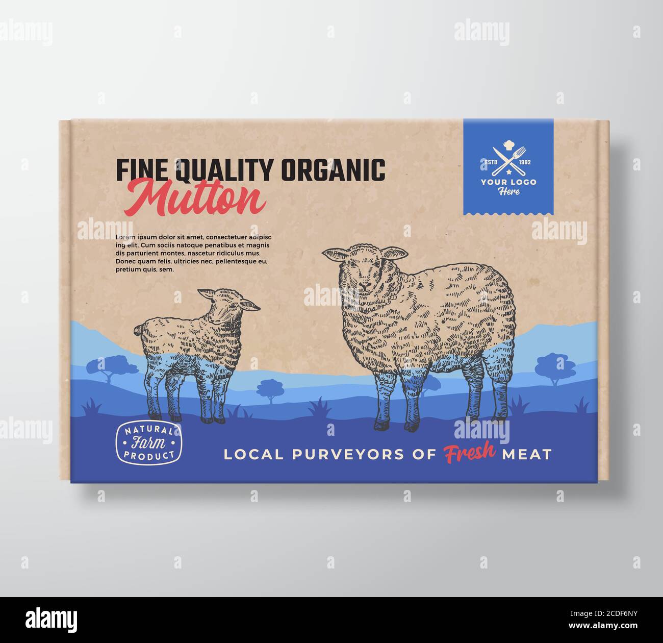 Ottima qualità Mutton biologico. Vector Meat Packaging Label Design su un contenitore di cartone artigianale. Tipografia moderna e agnello di pecora disegnato a mano Illustrazione Vettoriale