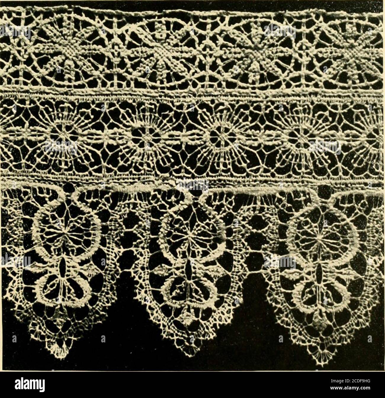 . Storia del merletto . Francese.- due esemplari acquistati in Francia come Cambrai. Sono tipici dei Frenchlace del Nord che sono stati naturalizzati in Inghilterra dopo la Rivoluzione francese. Larghezze, 2^ e 3 J" Foto di A. Dryden da collezione privata. Piastra LXV.. Francese. Bobbin-made. - dai dintorni di le Puy. Periodo Luigi XIII.-Luigi XIV Ora fatto e chiamato Tluipure de Cluny. Nel Mus^e Cinquantenaire, Bruxelles. Per affrontare pa fie 24(i AUVERGNE E VELAY 247 prodotti è stato già ridotto a 200,000 livres. I migliori punti de France, scrive Savary, sono stati fatti a Aurillac e Murat, il primo solo a o Foto Stock